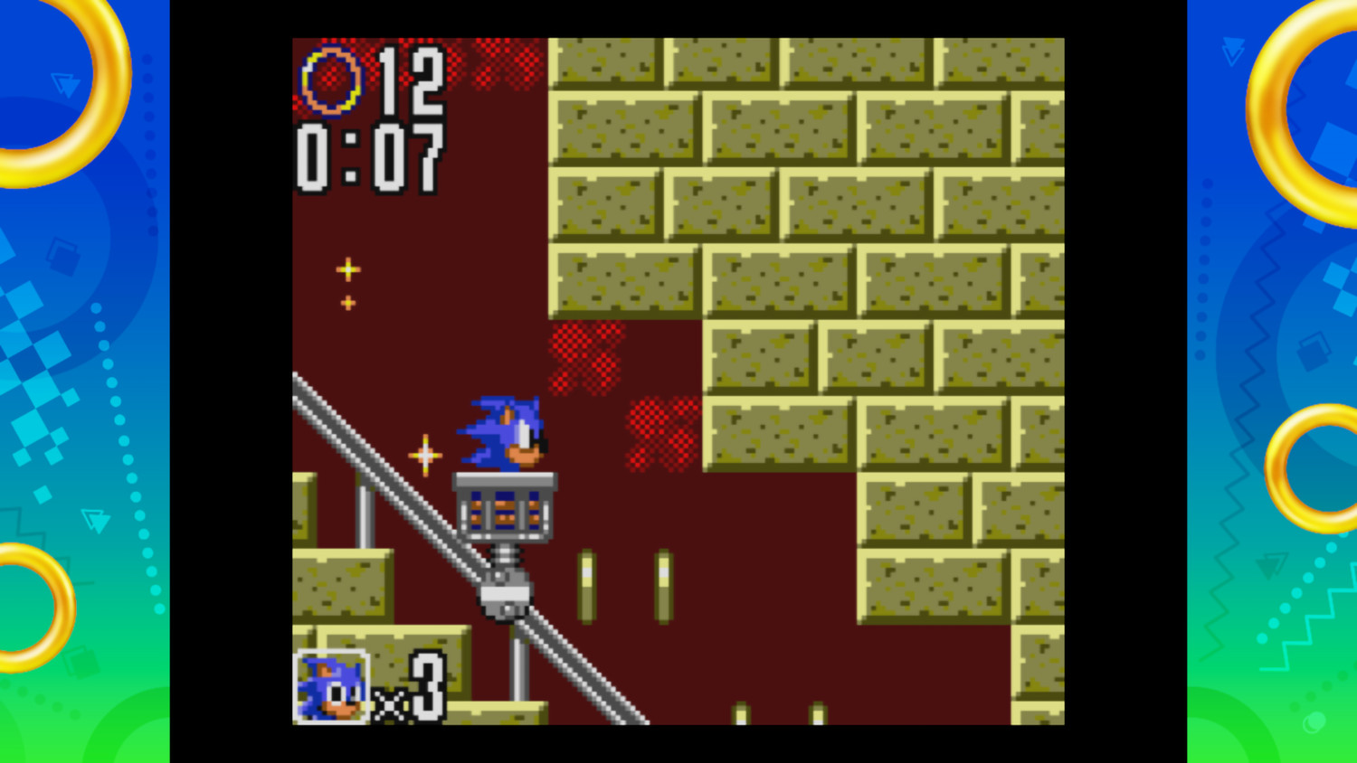 Capture d'écran d'un jeu vidéo rétro. Sonic le hérisson court sur une plateforme.