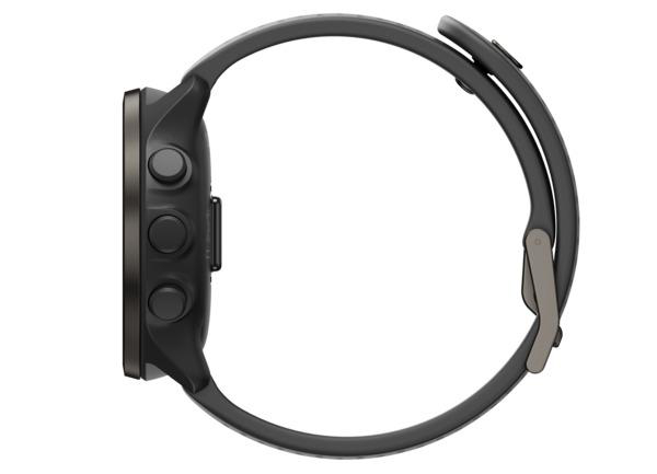 Seitenansicht einer schwarzen Smartwatch mit drei Knöpfen und einem grauen Armband.