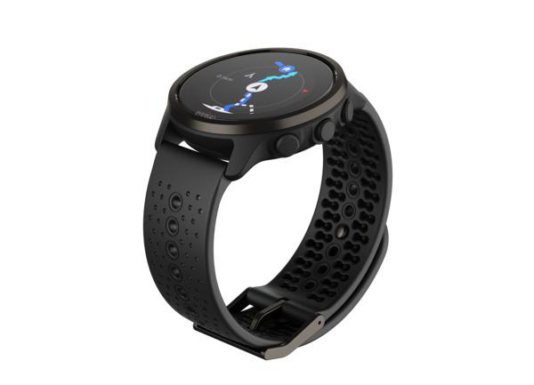 Schwarze Smartwatch mit schwarzem Armband, die eine Karte zeigt. Die Uhr hat Knöpfe an der Seite.