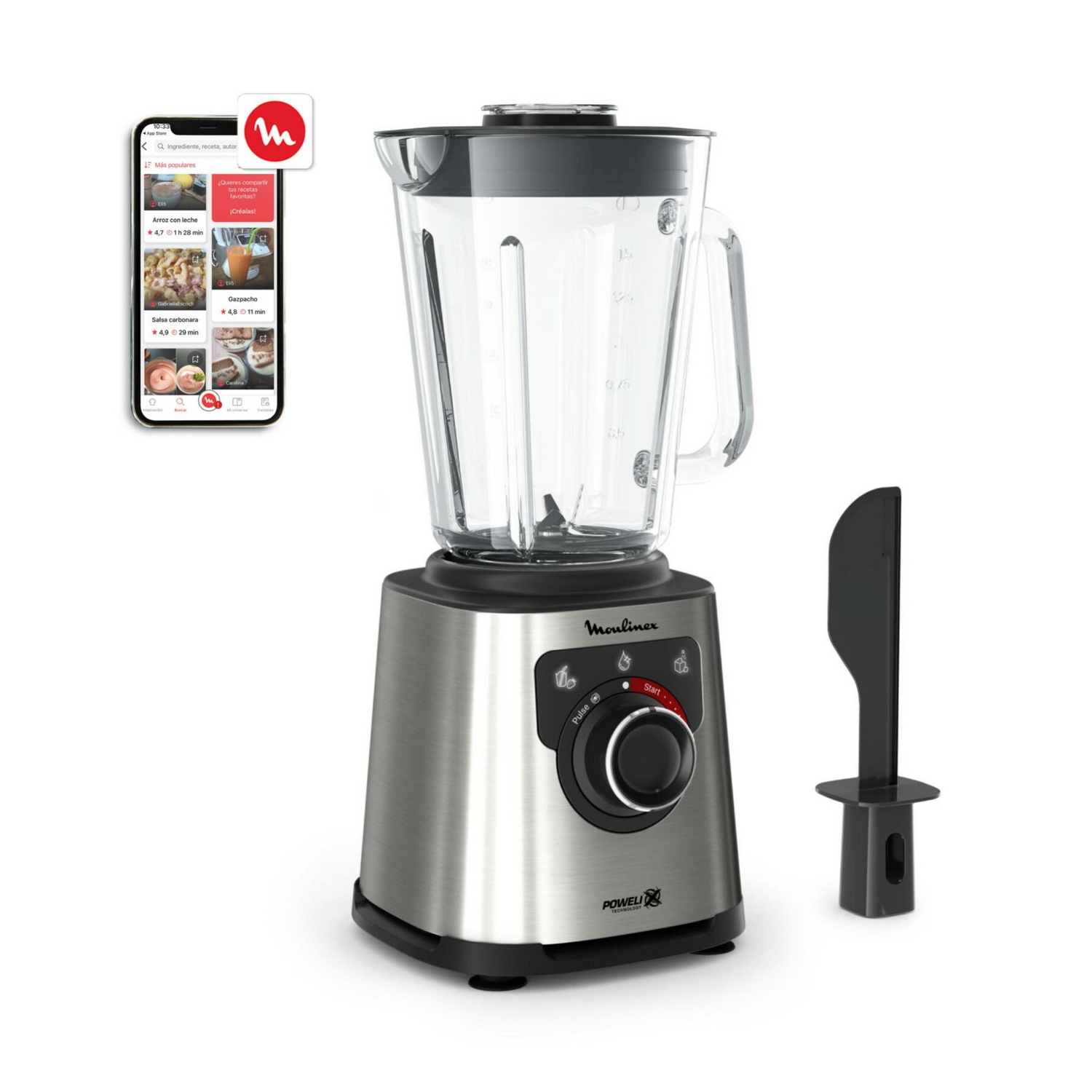 Blender and a mobile phone with cooking app interface.
