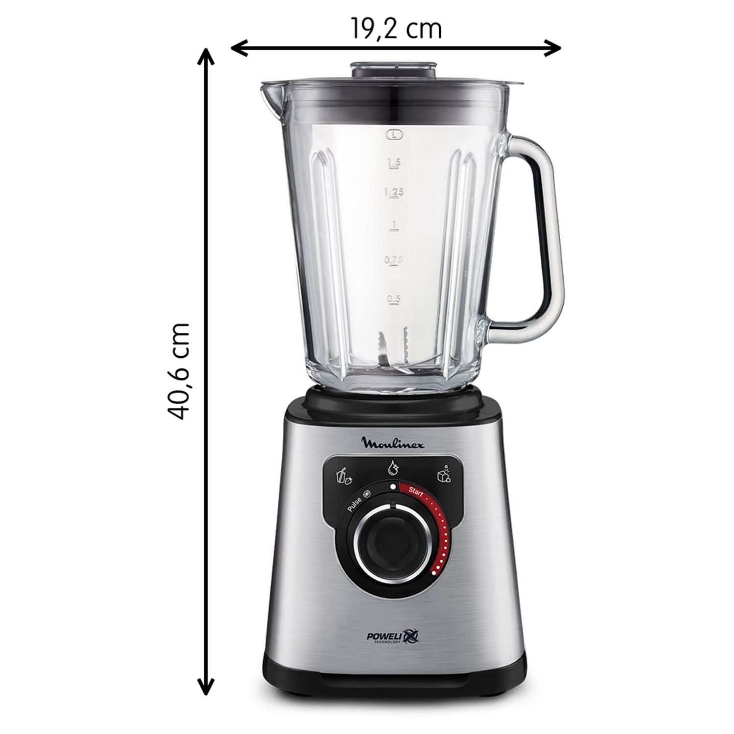 Silver blender with a glass jar, black base, and control panel with buttons and a dial.
