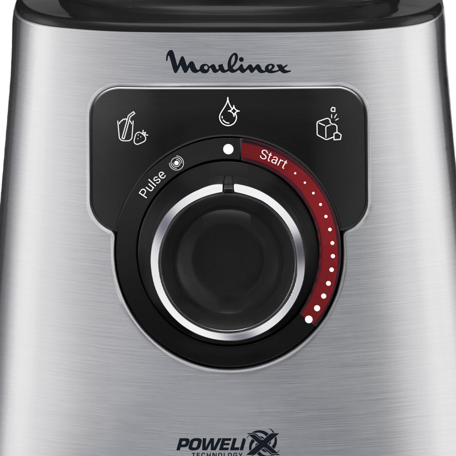 Close-up of a Moulinex blender control panel, silver with black buttons and a dial.