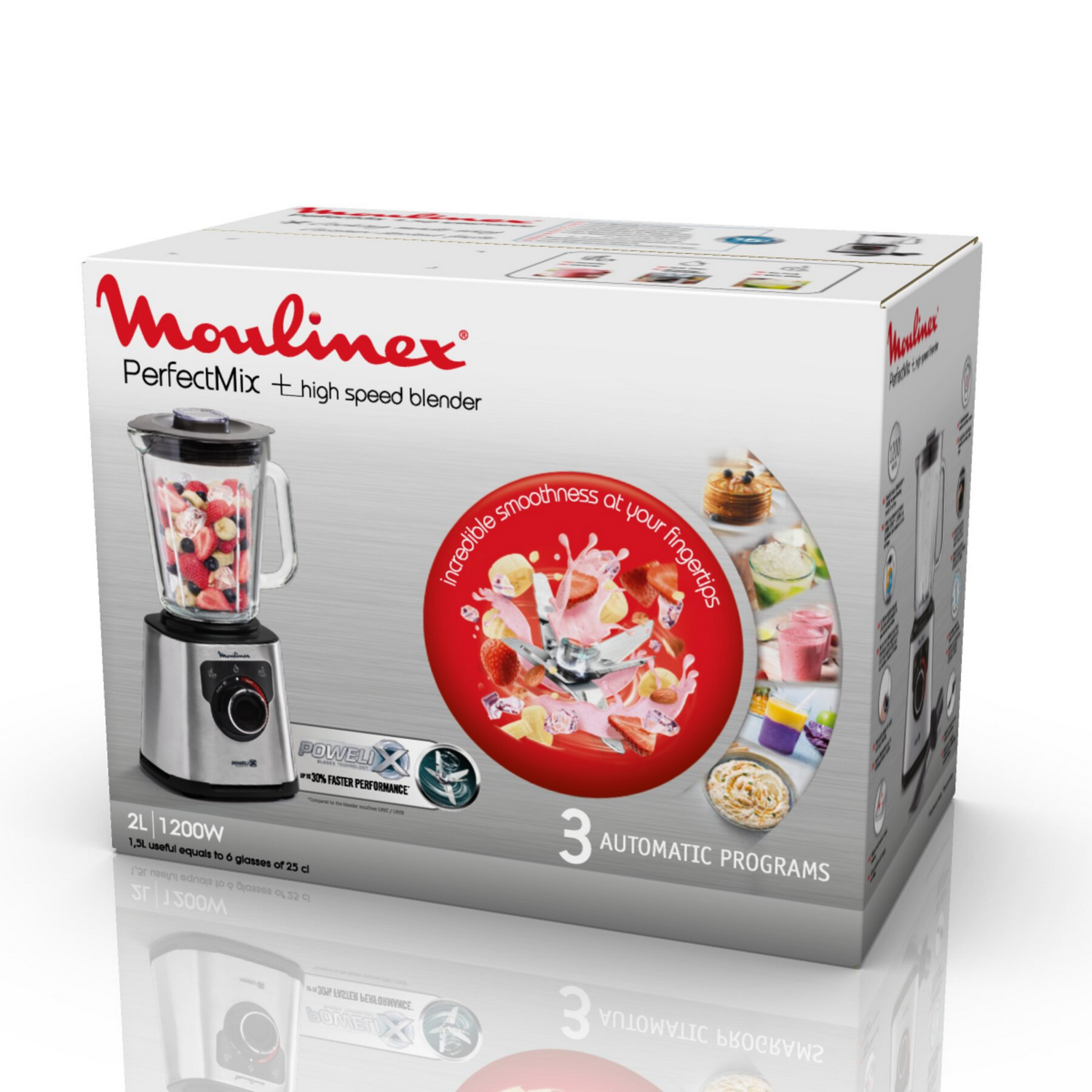 Moulinex blender box with a blender image and text about performance.