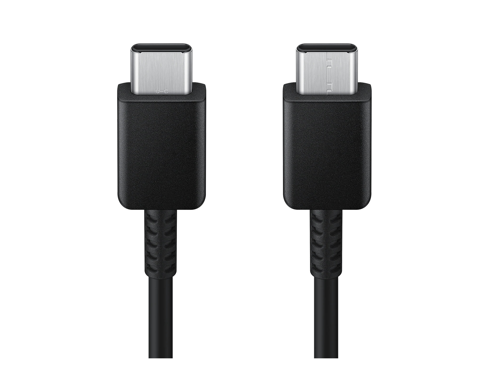 Dos cables USB-C negros uno al lado del otro. Cada uno tiene un conector en ambos extremos.