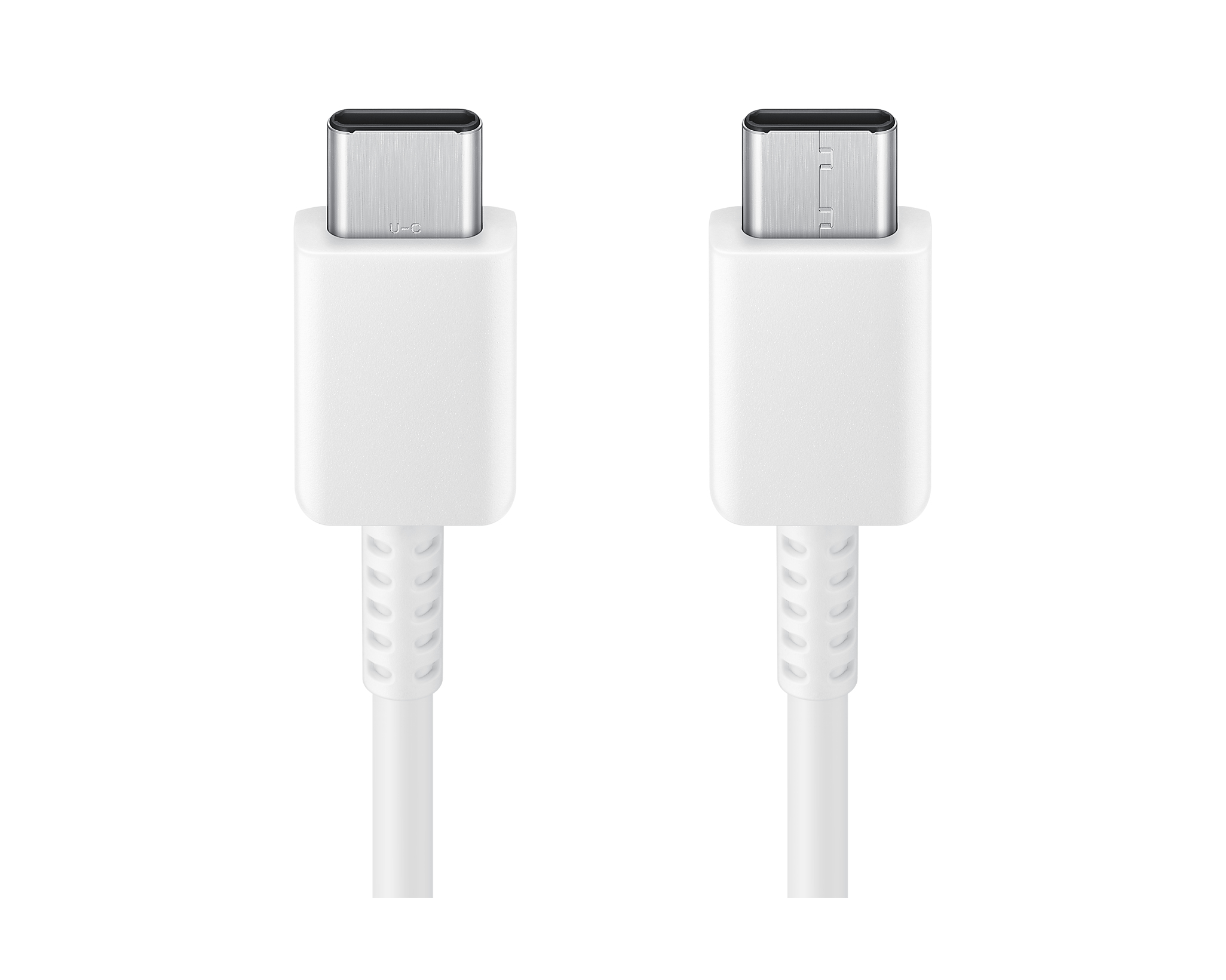 Dos cables USB-C blancos con conectores blancos, uno al lado del otro, sobre un fondo blanco.