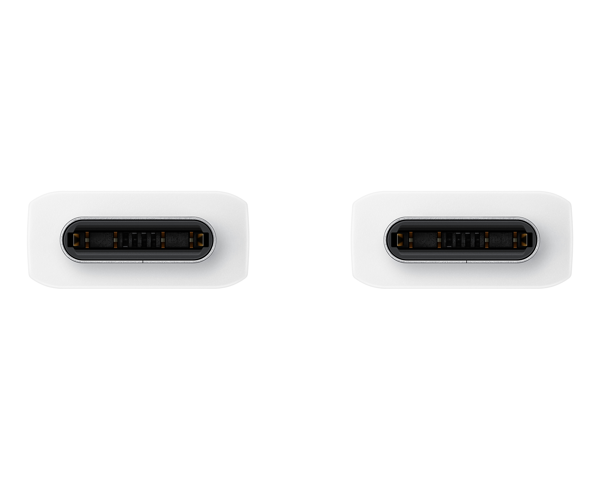 Dos conectores USB-C blancos, primer plano, sobre fondo blanco.