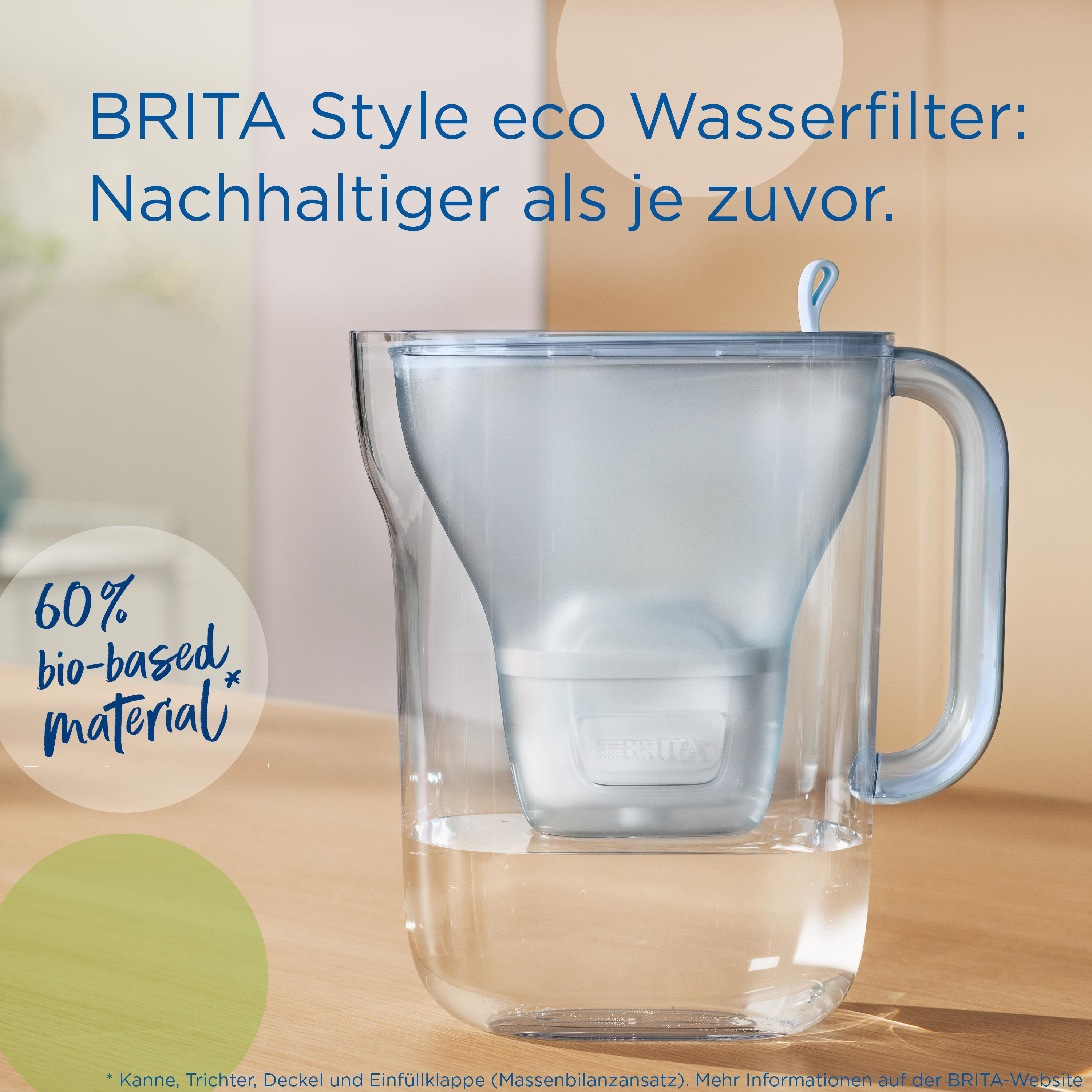 Ein Brita Wasserfilterkrug mit hellblauem Griff und Deckel, mit Text auf Deutsch, auf einem Holztisch.