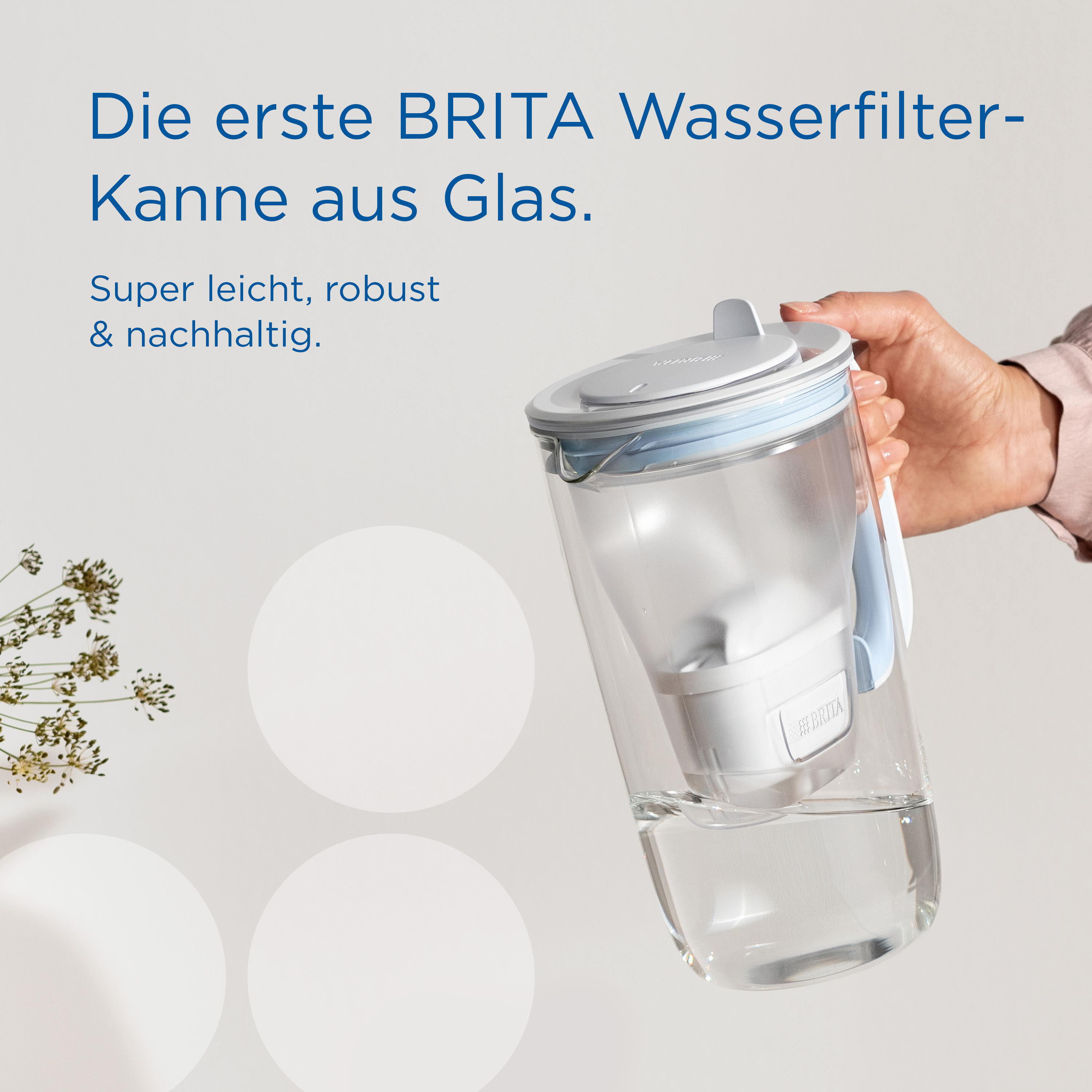 Eine Hand hält einen durchsichtigen Wasserfilterkrug mit weißem Filter und blauen Akzenten.