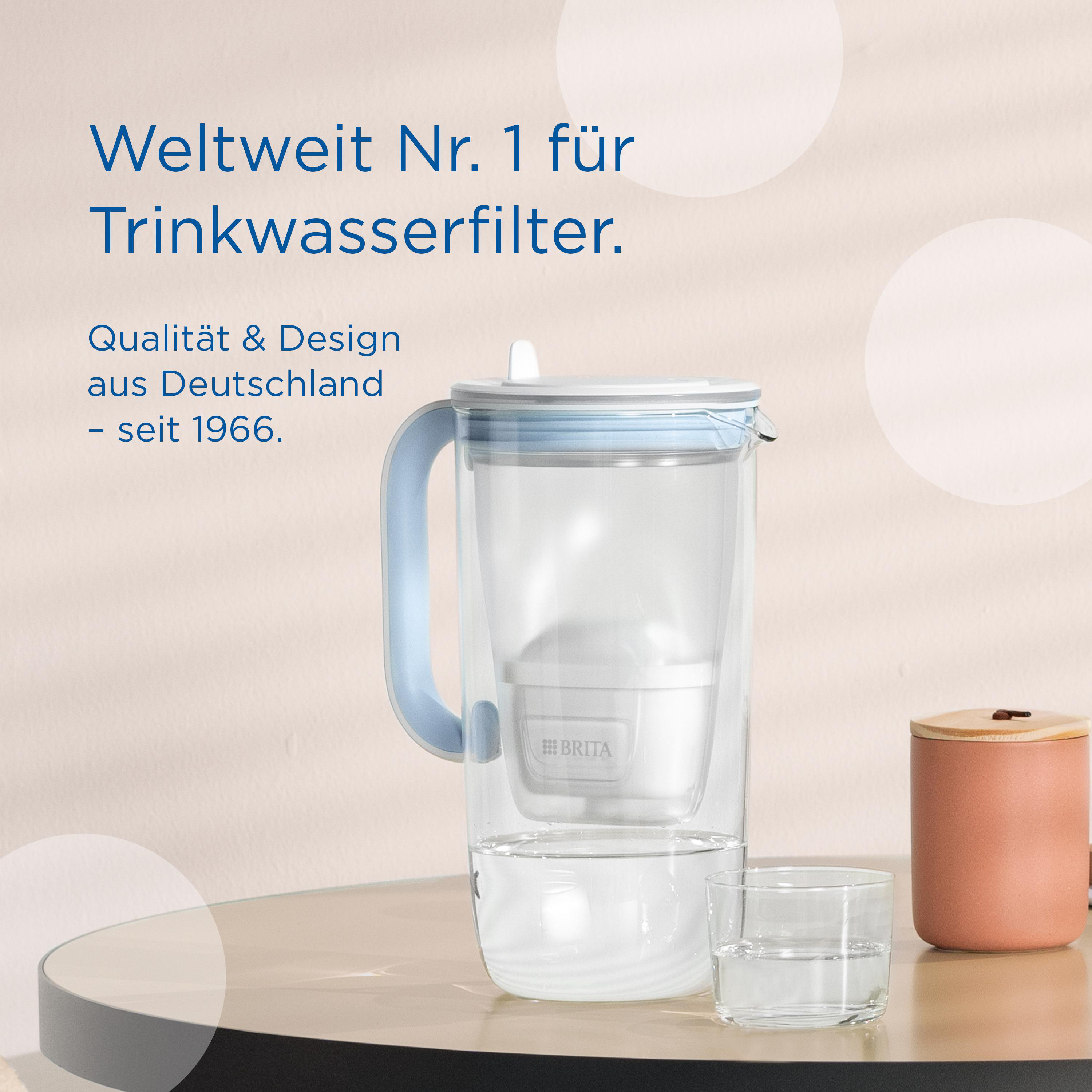 Wasserfilterkanne mit Text. Glas und ein Glas sind sichtbar.