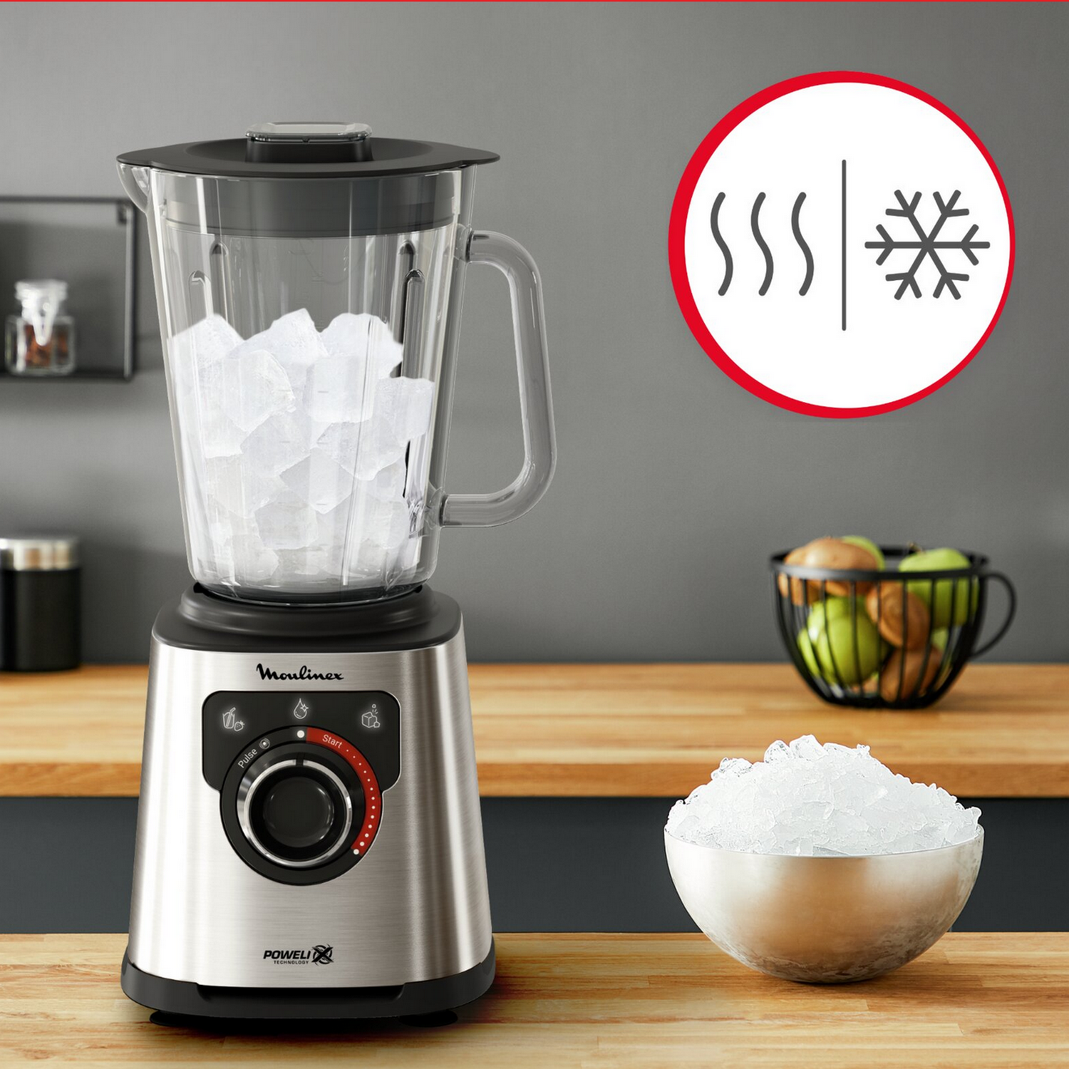 Blender with ice cubes inside, a bowl of ice, and a frozen symbol.