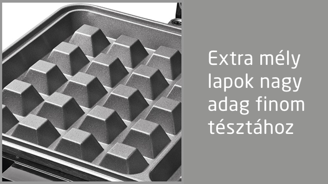 Gofri sütő szövegráépítéssel. A szöveg a következő: Extra mély lapok a finom tészta nagy adagjához.