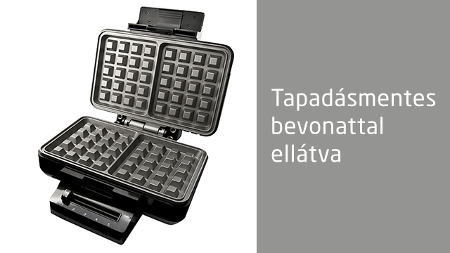Egy nyitott fekete gofrisütő, amely a gofrirácsokat mutatja, fehér háttérrel.
