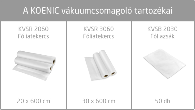 Vákuumzáró tartozékok, tekercsekkel és zacskókkal, szöveges címkékkel.