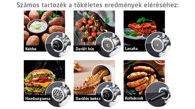 Különféle ételkészítő tartozékok egy konyhai géphez, olyan feliratokkal, mint a kebab, a húsgombóc és a lasagne.