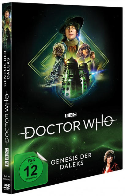 Eine DVD-Box von 'Doctor Who: Genesis of the Daleks' mit einem Bild des Doktors und Daleks.