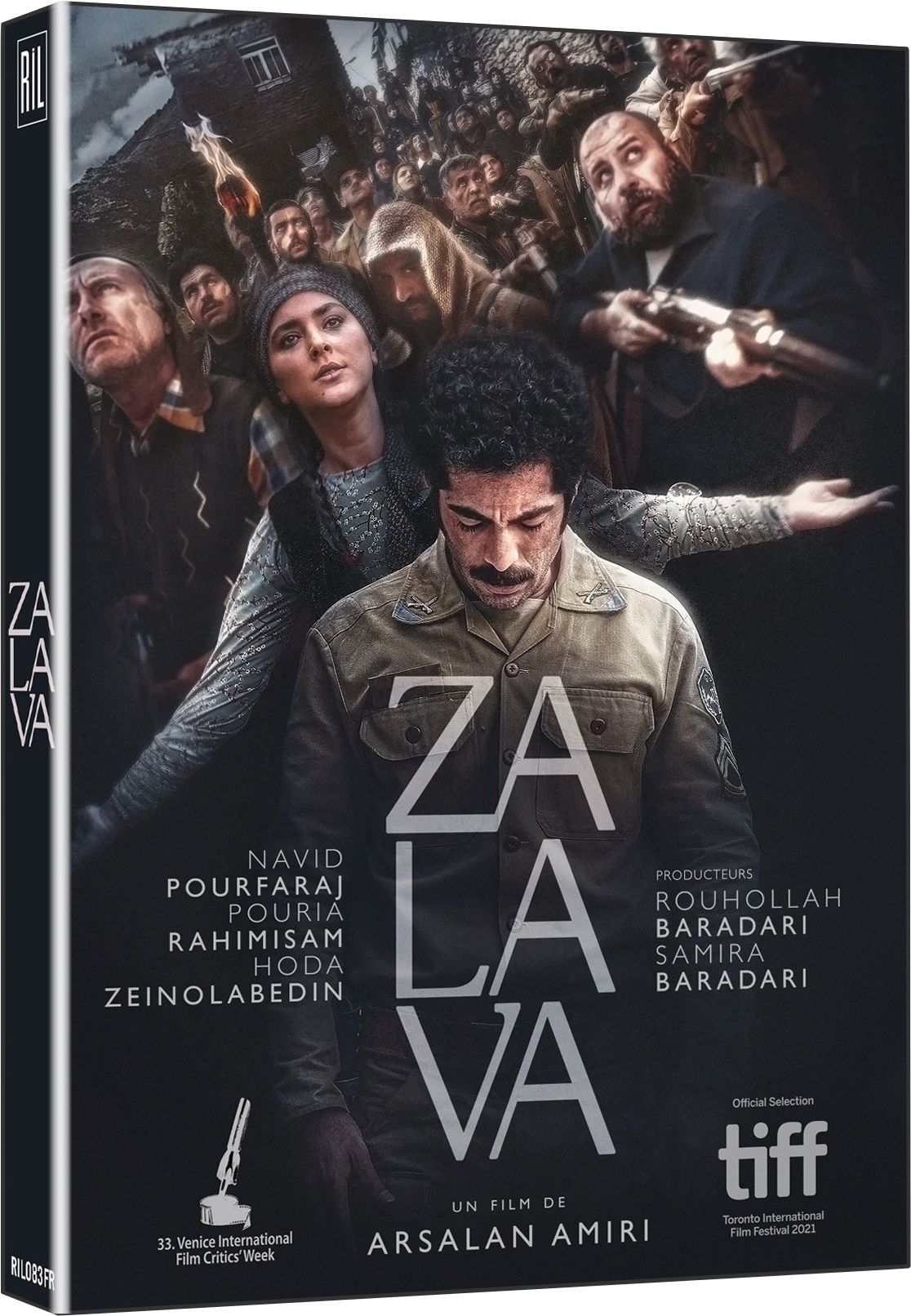Filmposter. Een man in uniform kijkt naar beneden, omringd door mensen. Titel: ZALA VA. Tekst bevat namen en filmfestivallogo's.