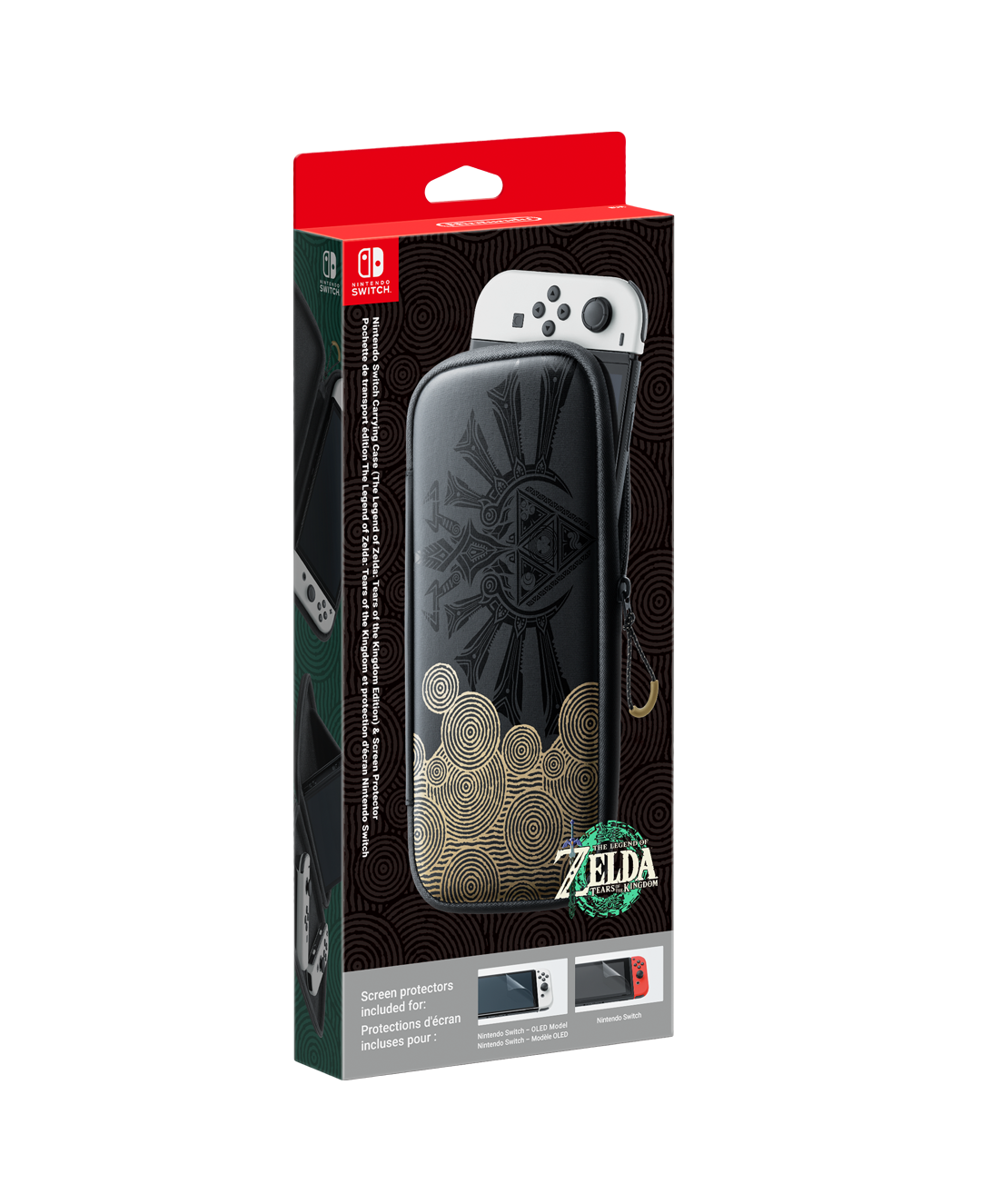 Funda de transporte Nintendo Switch. Negra con detalles dorados, controlador Switch blanco visible.