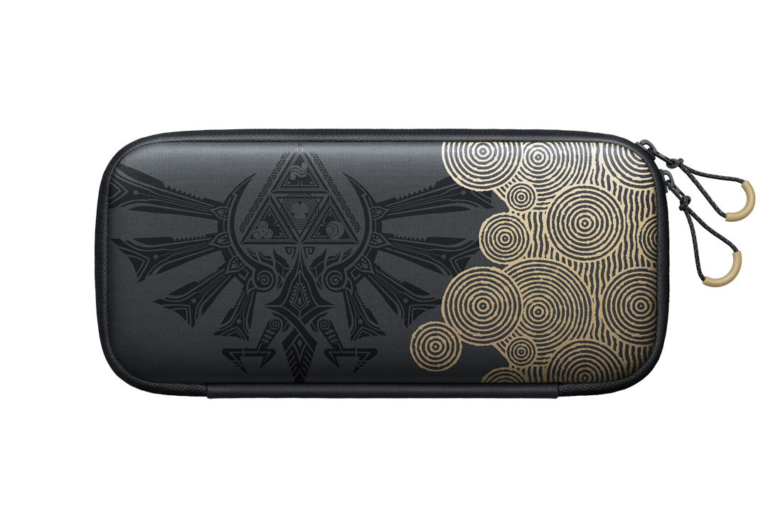 Funda negra para Switch con diseño dorado y negro con símbolos.