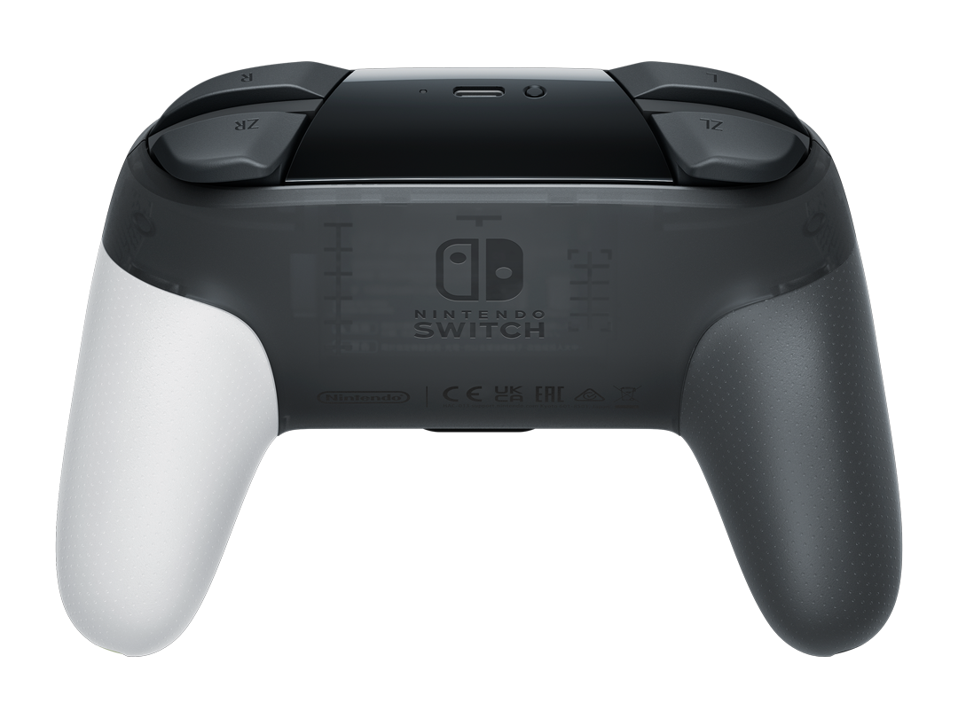 Mando Nintendo Switch, blanco y negro con botones y el logotipo de Nintendo Switch.