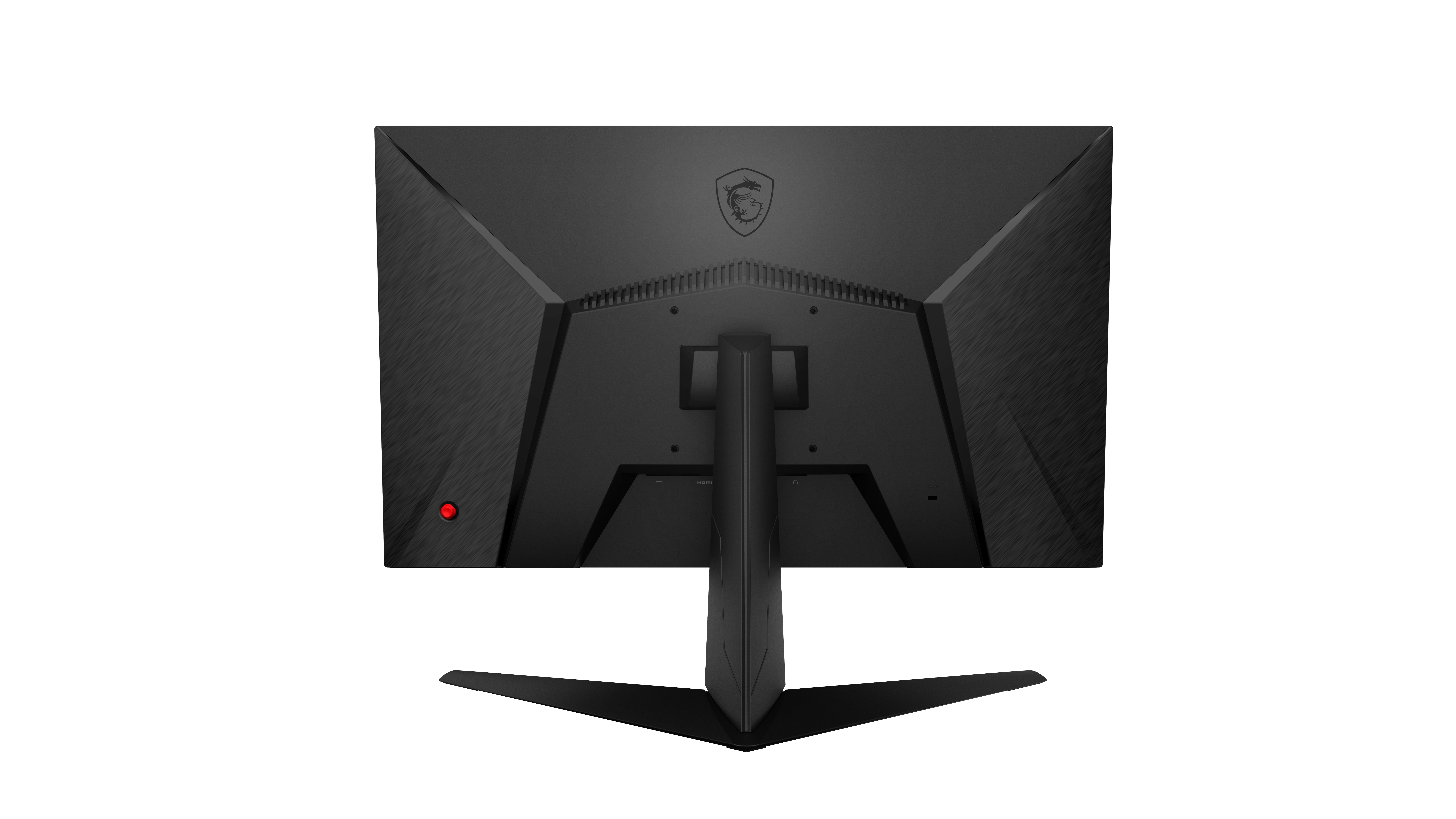 Parte trasera de un monitor MSI negro con soporte, logotipo y puertos.