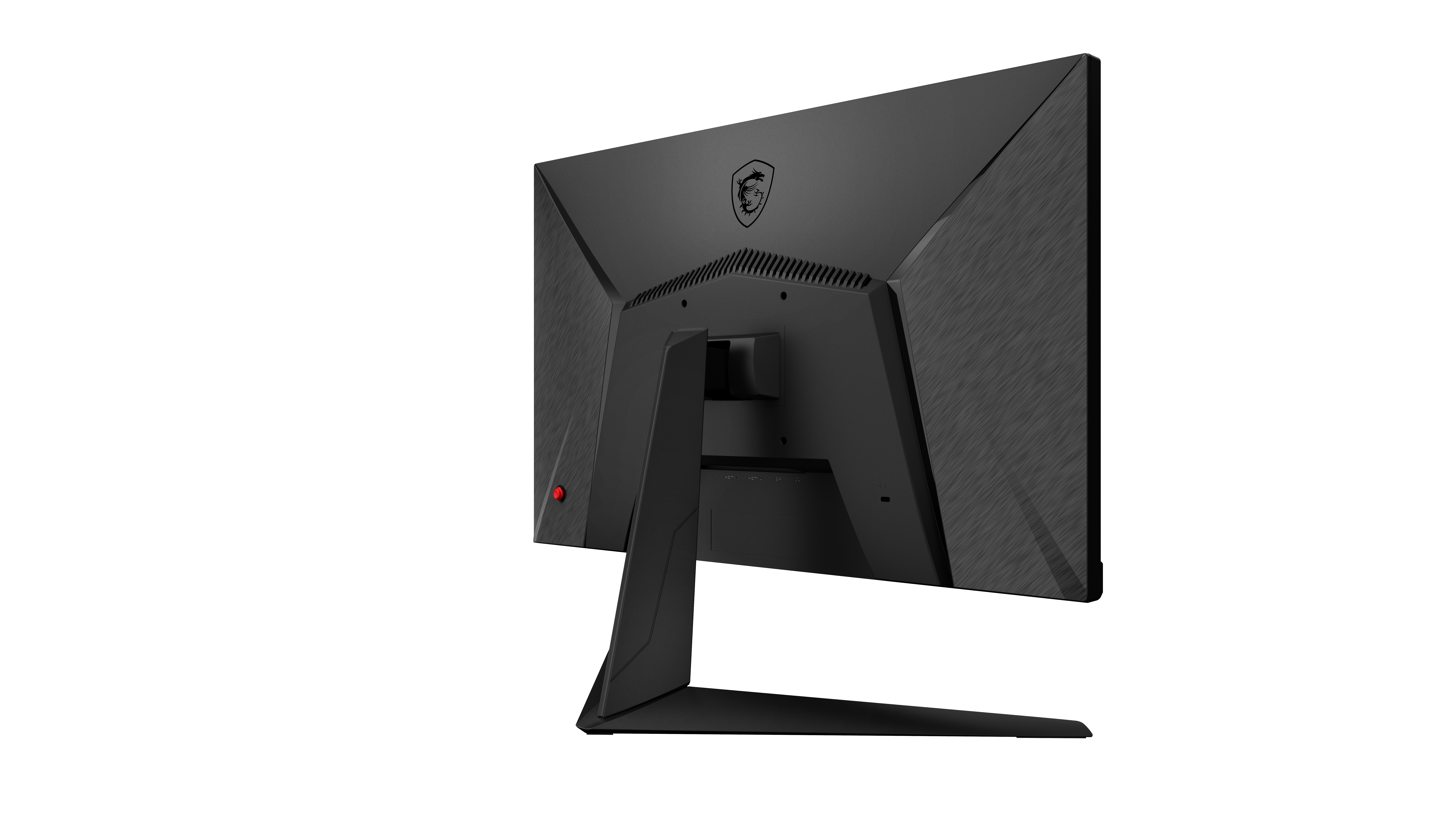 Parte trasera de un monitor MSI negro. Cuenta con logotipo, puertos y soporte.