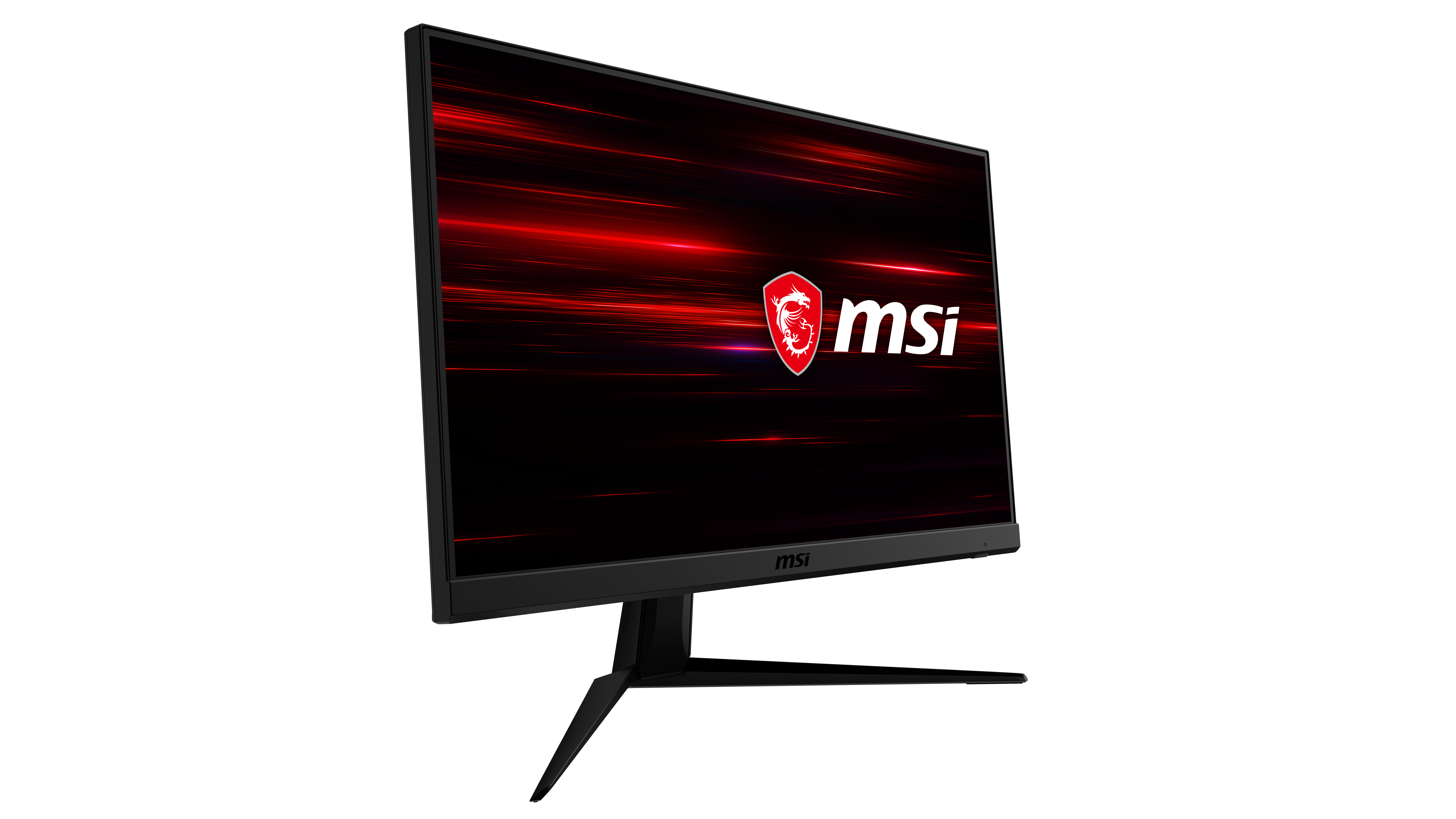 Un monitor MSI negro con un gráfico rojo y negro en la pantalla. El logotipo de MSI es visible.