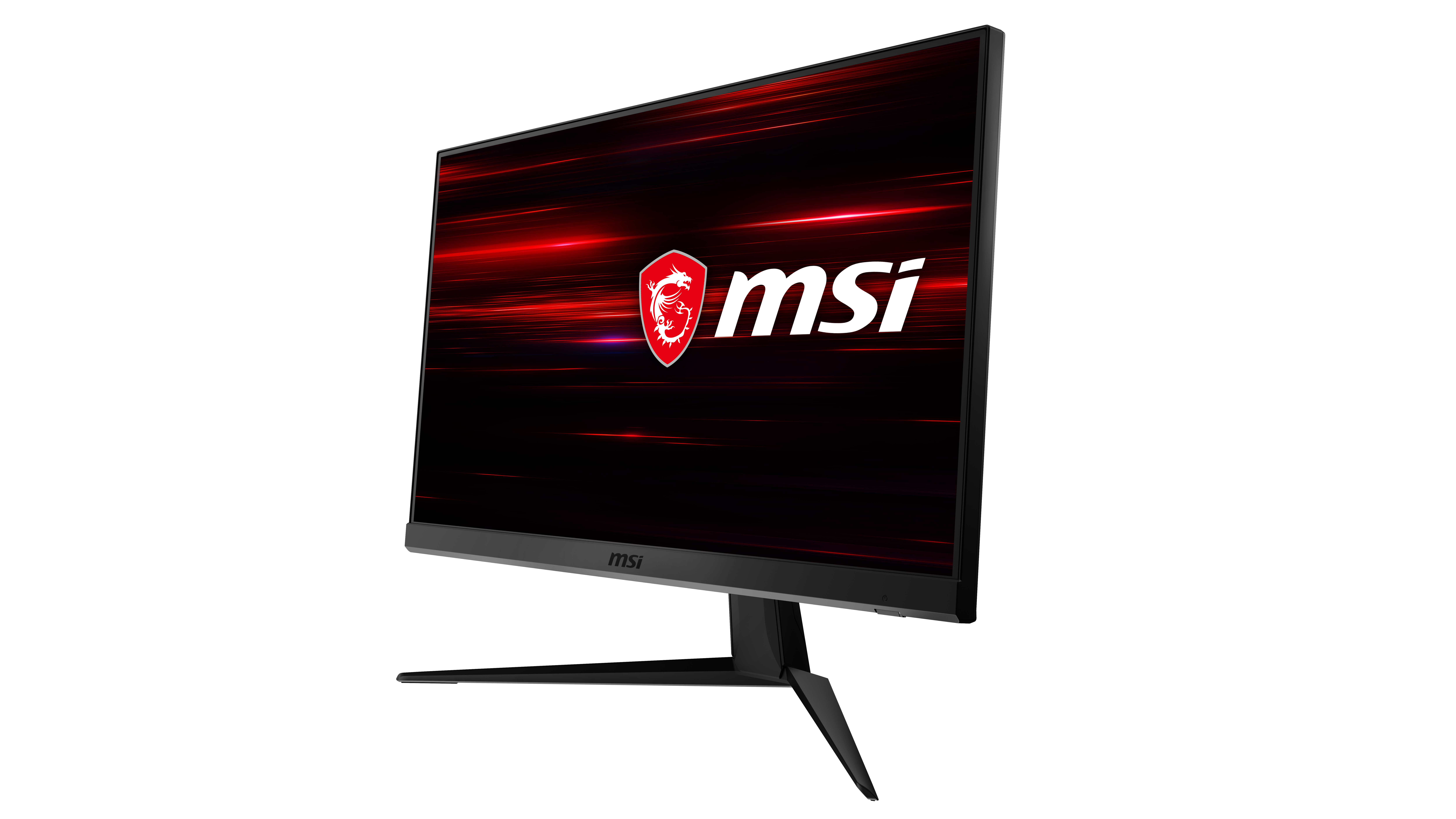Monitor MSI con fondo rojo y logo. El monitor está en ángulo.