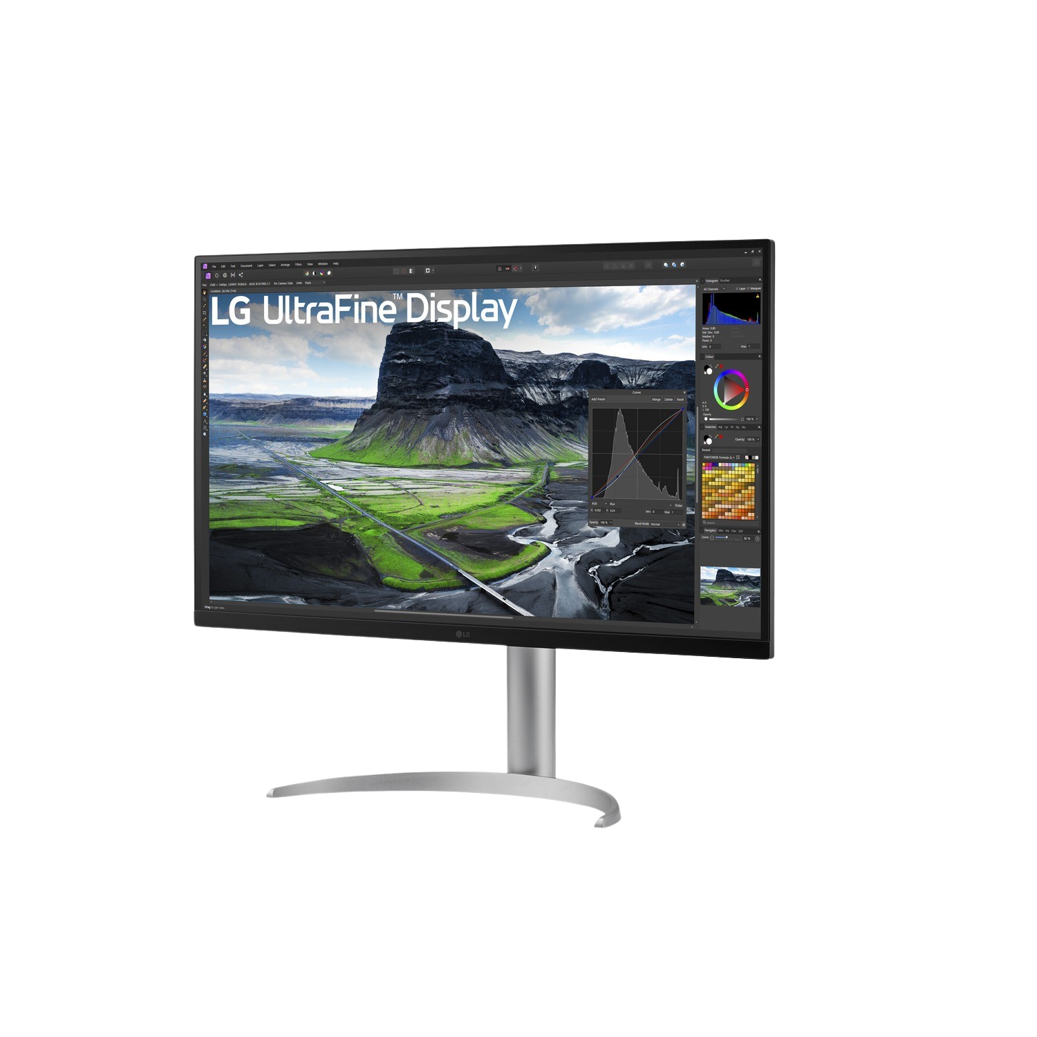 LG UltraFine Display showing landscape image and editing software.