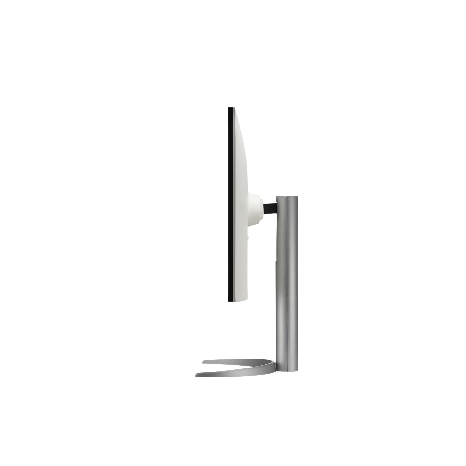 A sleek white and silver monitor with a silver stand on a black background.