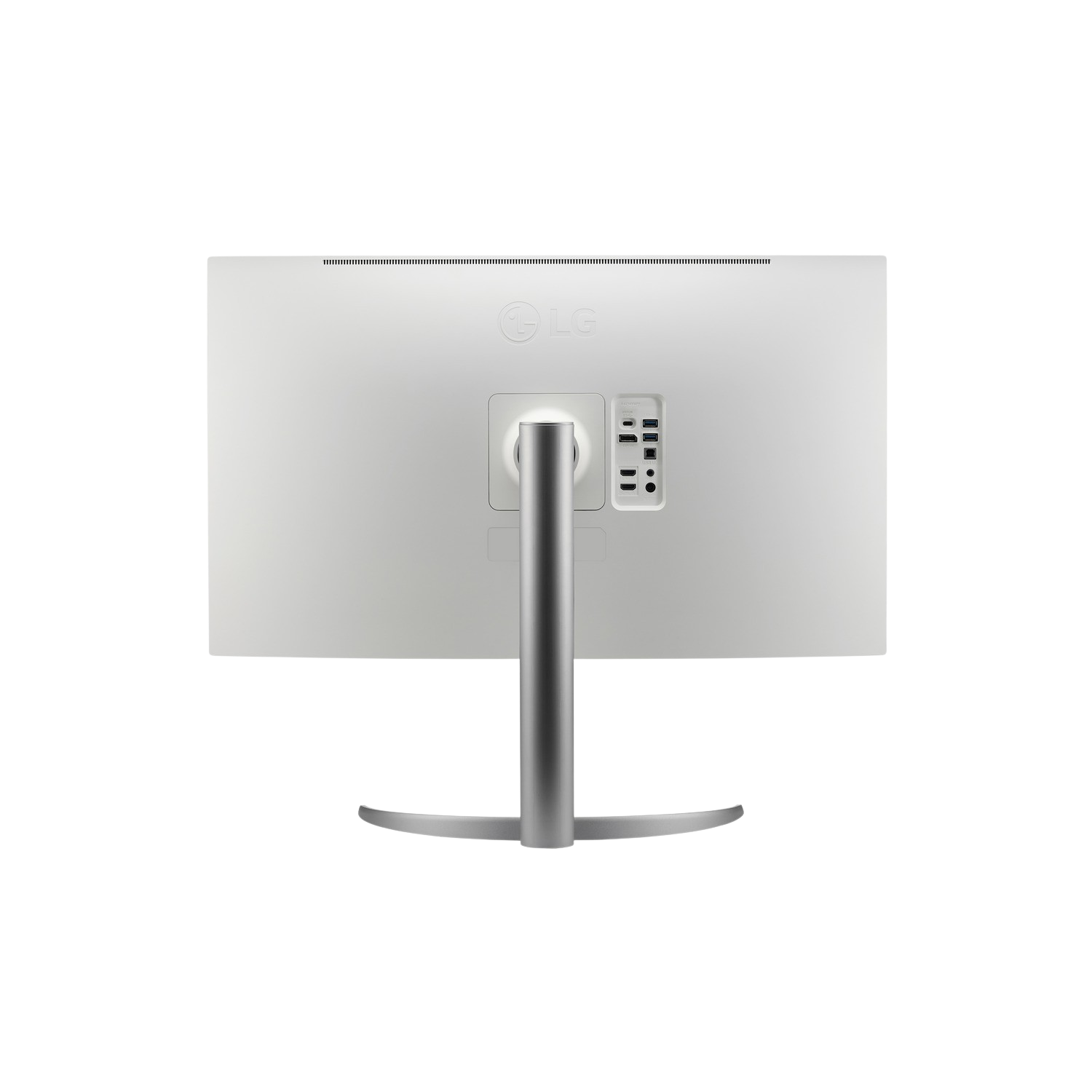 Back of a white LG monitor with ports and a silver stand.