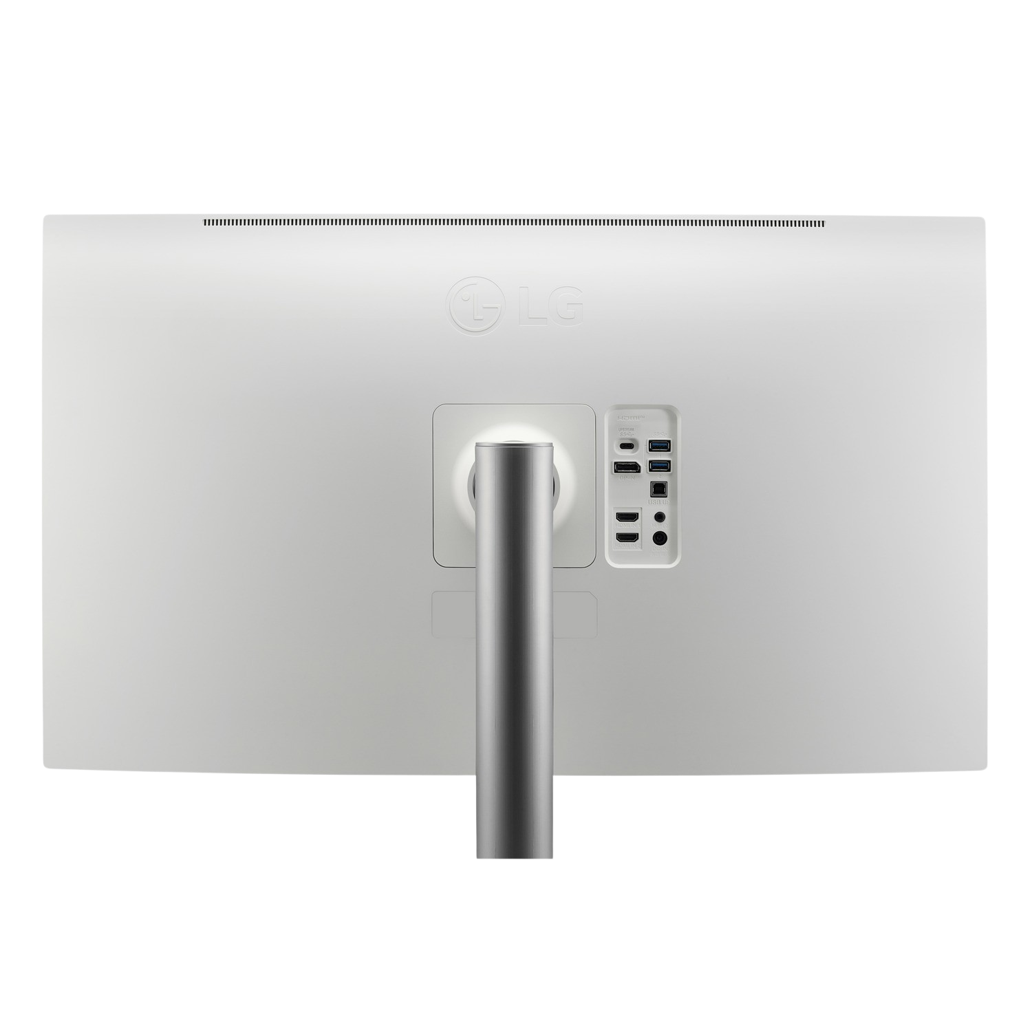 Back of a white monitor with LG logo and various ports.