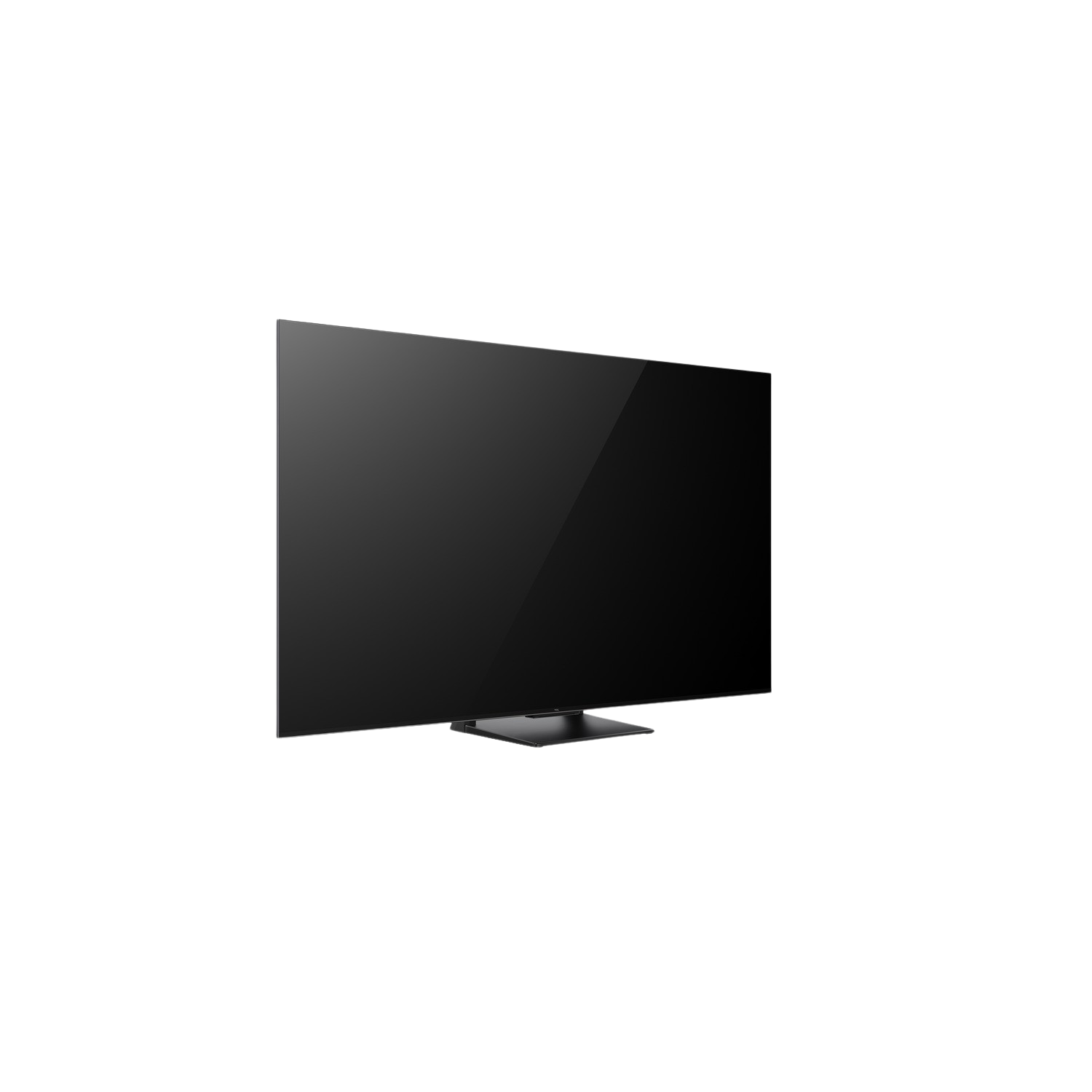 Een zwart, rechthoekig tv-scherm op een zwarte achtergrond met een zilveren voet.