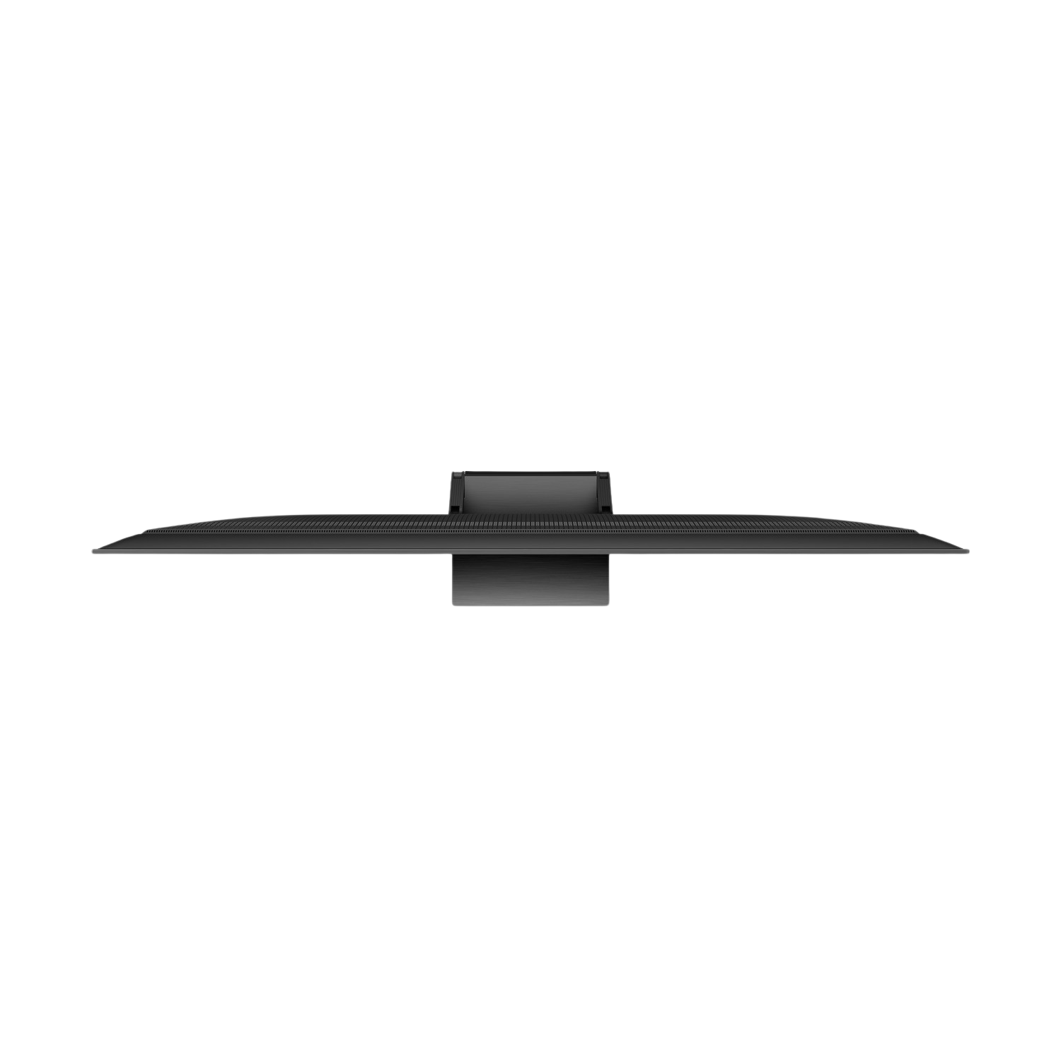 Zwarte tv van bovenaf. Zwart scherm, dunne rand. Eenvoudig, minimalistisch design, op een zwarte achtergrond.