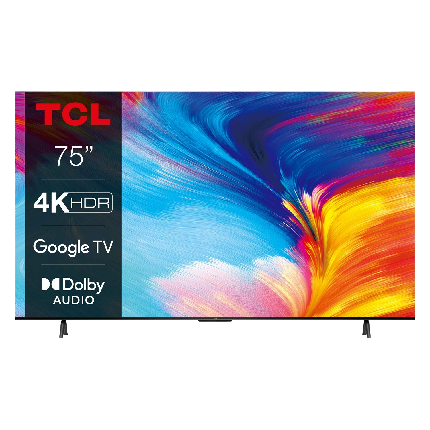 Grote TCL 75" 4K HDR Google TV. Het toont Dolby Audio info en heeft twee zwarte standaards.