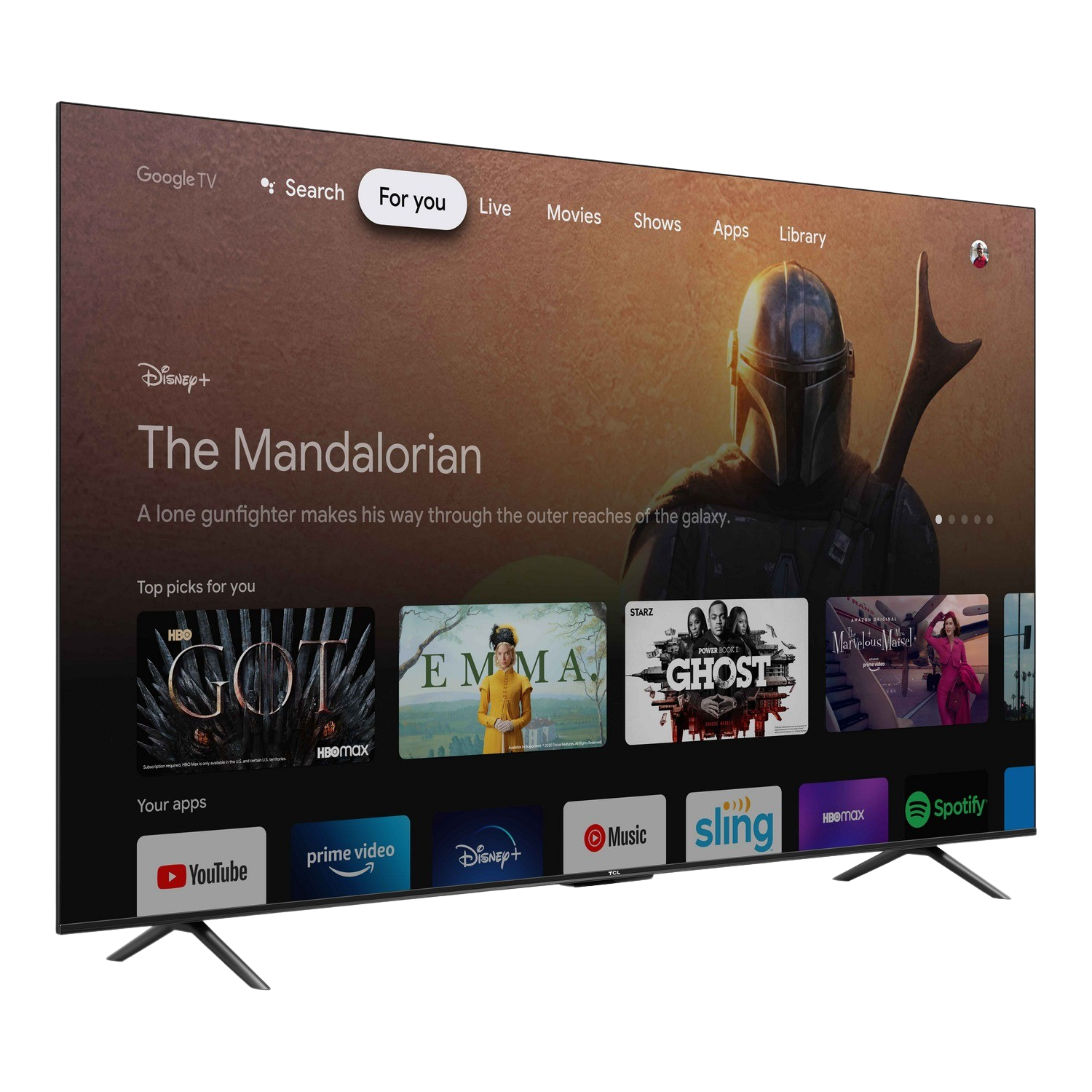 Moderne tv met "The Mandalorian" en app-iconen. Zwarte rand.