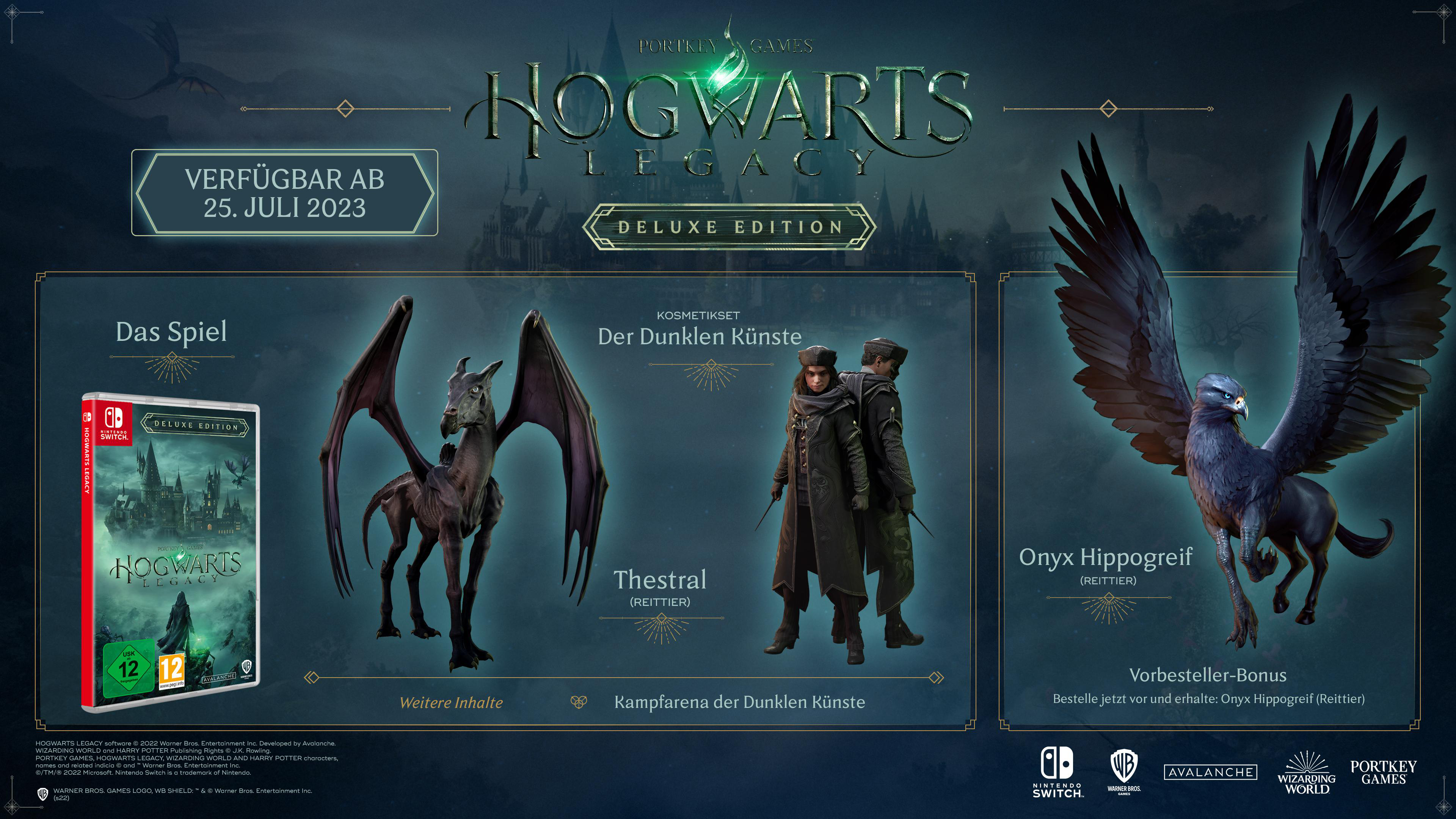 Hogwarts Legacy Spielebox und Charaktermodelle mit Text und Logos auf blauem Hintergrund.