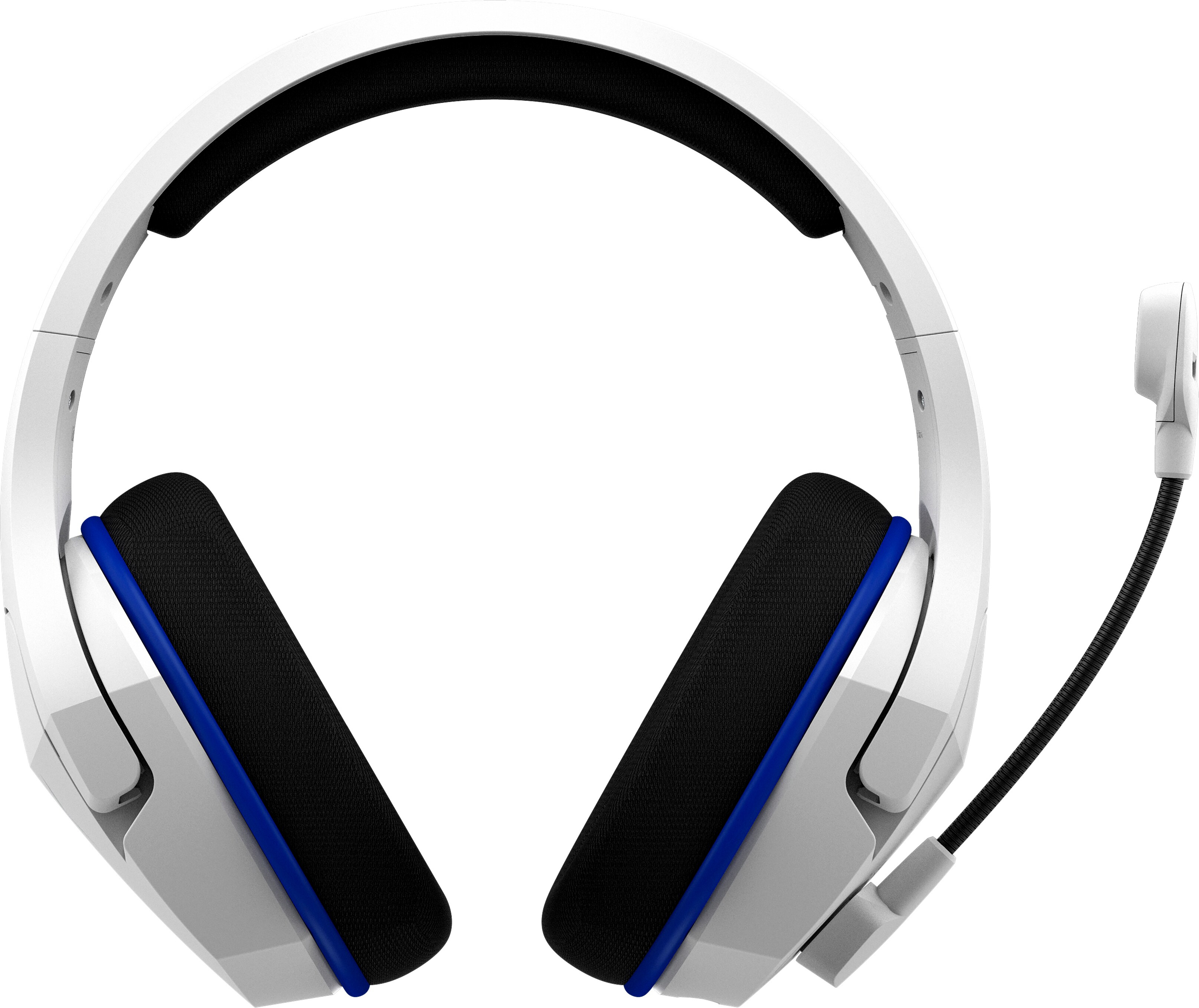 Weißes und blaues Gaming-Headset mit Mikrofon. Nahaufnahme, Vorderansicht.