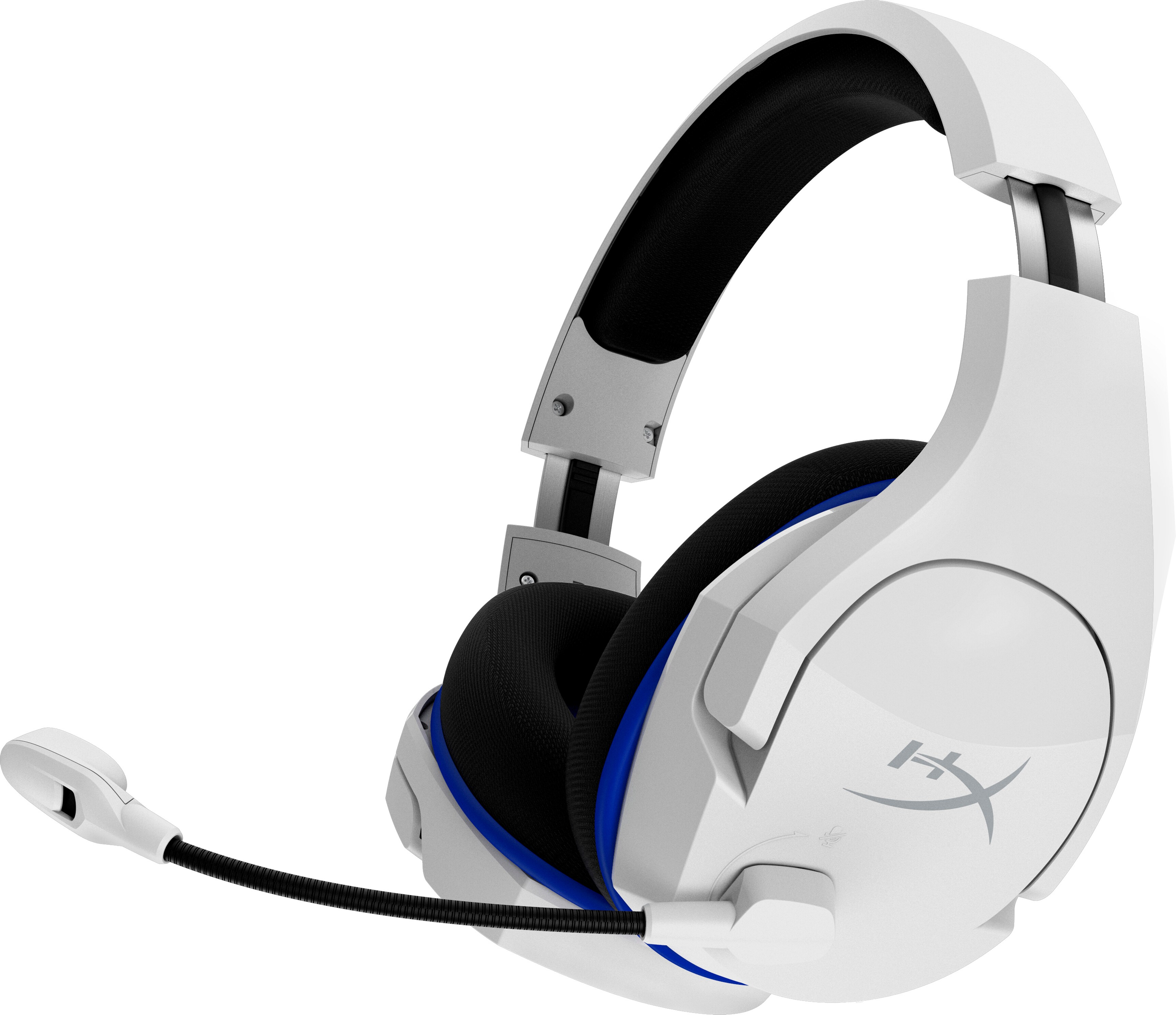 Weißes HyperX Gaming-Headset mit Mikrofon auf weißem Hintergrund.