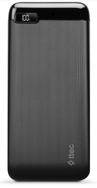 Dijital ekranında %100 şarj gösteren, dikey çizgili koyu gri bir powerbank.