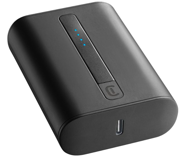 Şarj göstergesi ve USB-C bağlantı noktası olan siyah bir powerbank.