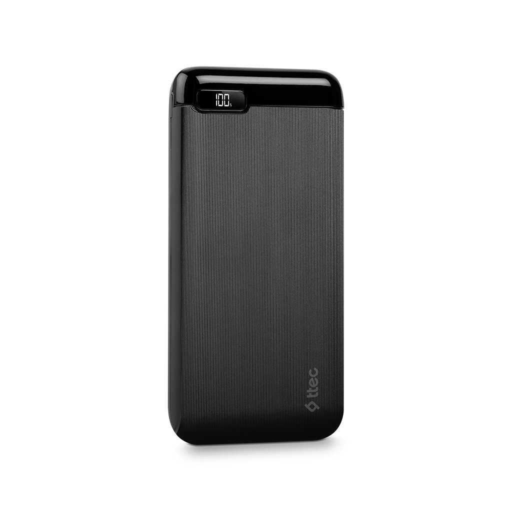 %100'ü gösteren küçük bir ekranlı siyah bir powerbank.