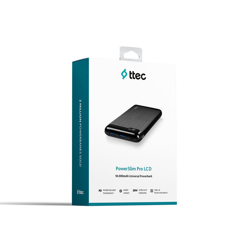 İçinde bir powerbank bulunan bir kutu ve metin: PowerSlim Pro LCD.