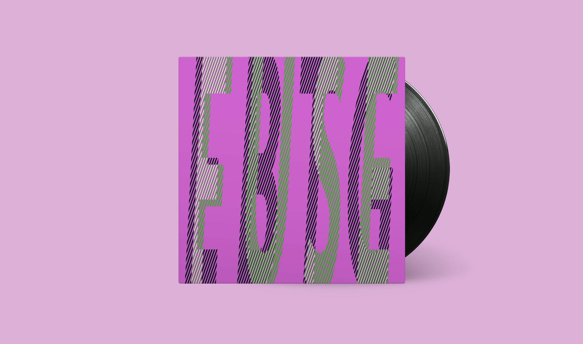 Egy bakelit lemez rózsaszín háttérrel. Az album borítója lila és zöld.
