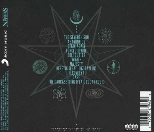 Albumcover mit Songtiteln, Bandname und Logo auf dunklem Hintergrund.