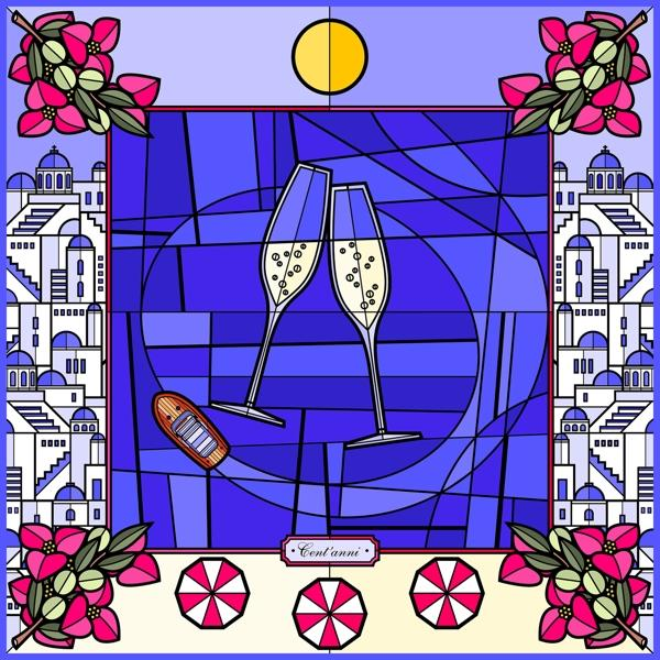 Illustration von zwei Sektgläsern. Blauer Hintergrund. Blumen und Gebäude umgeben.