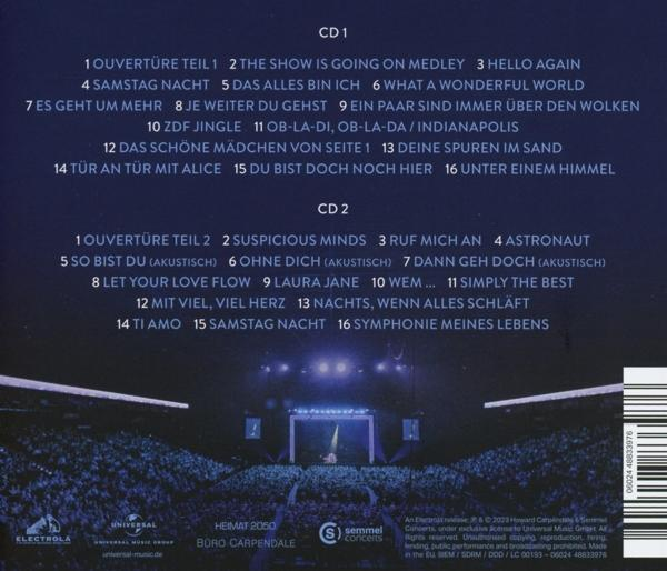 Rückseite einer CD mit Titellisten, Künstlerbildern und Text in Deutsch.