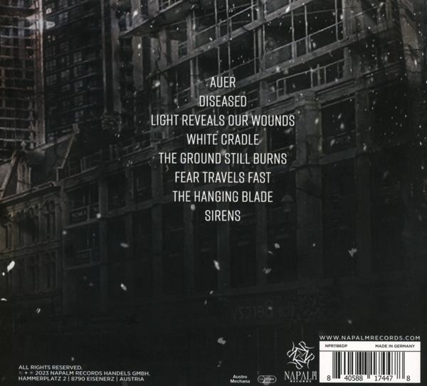 Albumcover mit Text und einer industriellen Stadtszene. Der Hintergrund ist dunkel und grau.