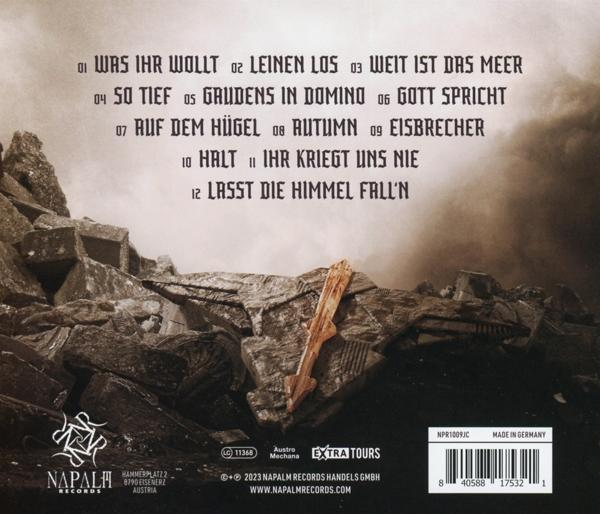 Die Rückseite eines CD-Albums mit Titeln und Logos. Das Album liegt auf einer felsigen Oberfläche.