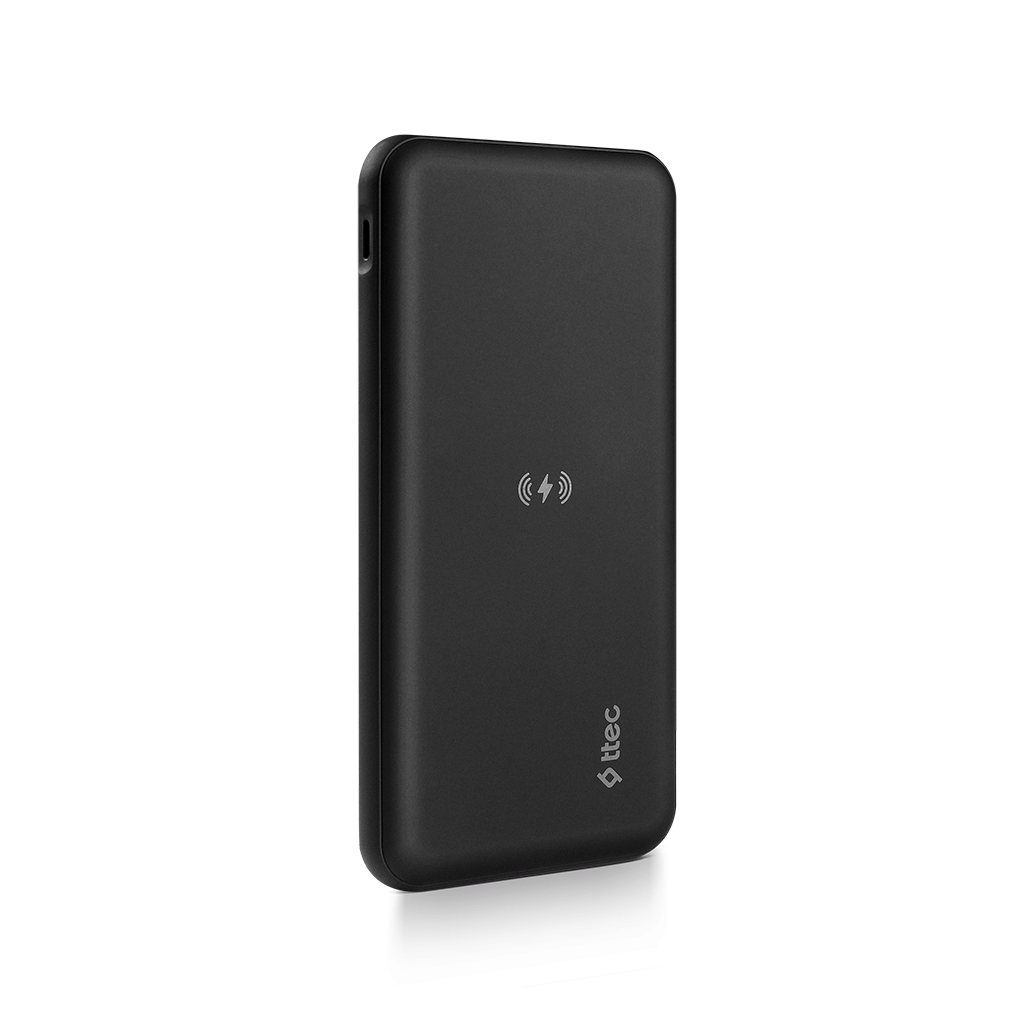 Kablosuz şarj sembolü ve ttec logosu bulunan siyah bir powerbank.