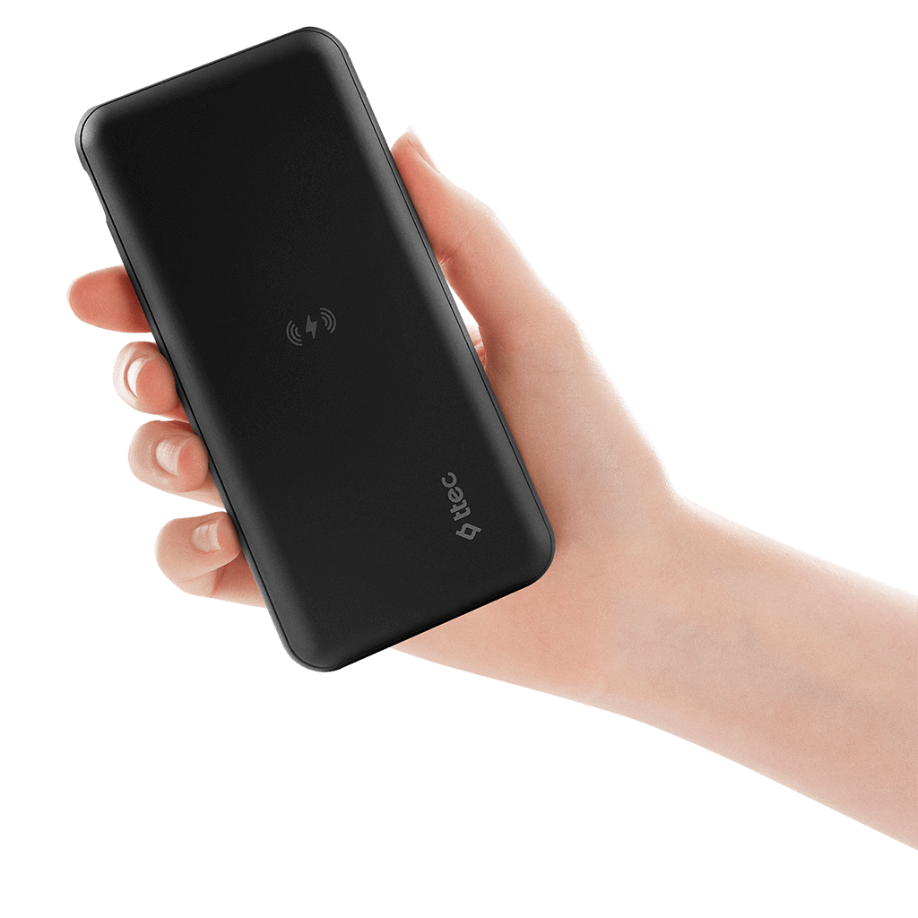 Elde tutulan, kablosuz şarj sembolü olan siyah bir powerbank.